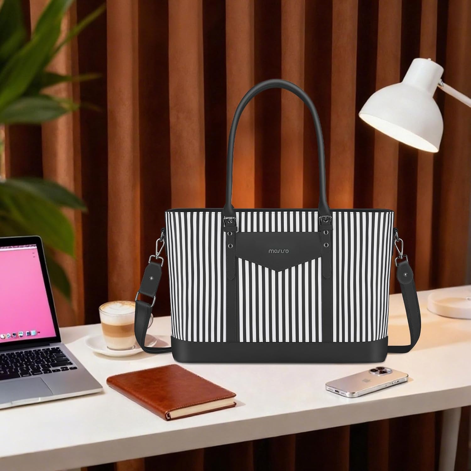 MOSISO Laptop Tote Bag for Women Waterproof Vertical Stripe PU Leather Computer Bag for Business Office Work Teacher College