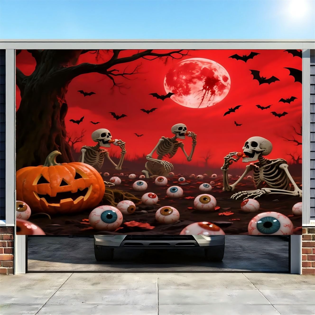 7 × 8 Ft Halloween Garage Banner, Small Door Cover for Single Garage Door, Giant Blood Moon with Red Sky Design, Horror Scene, for Yard, Fence, Halloween Party