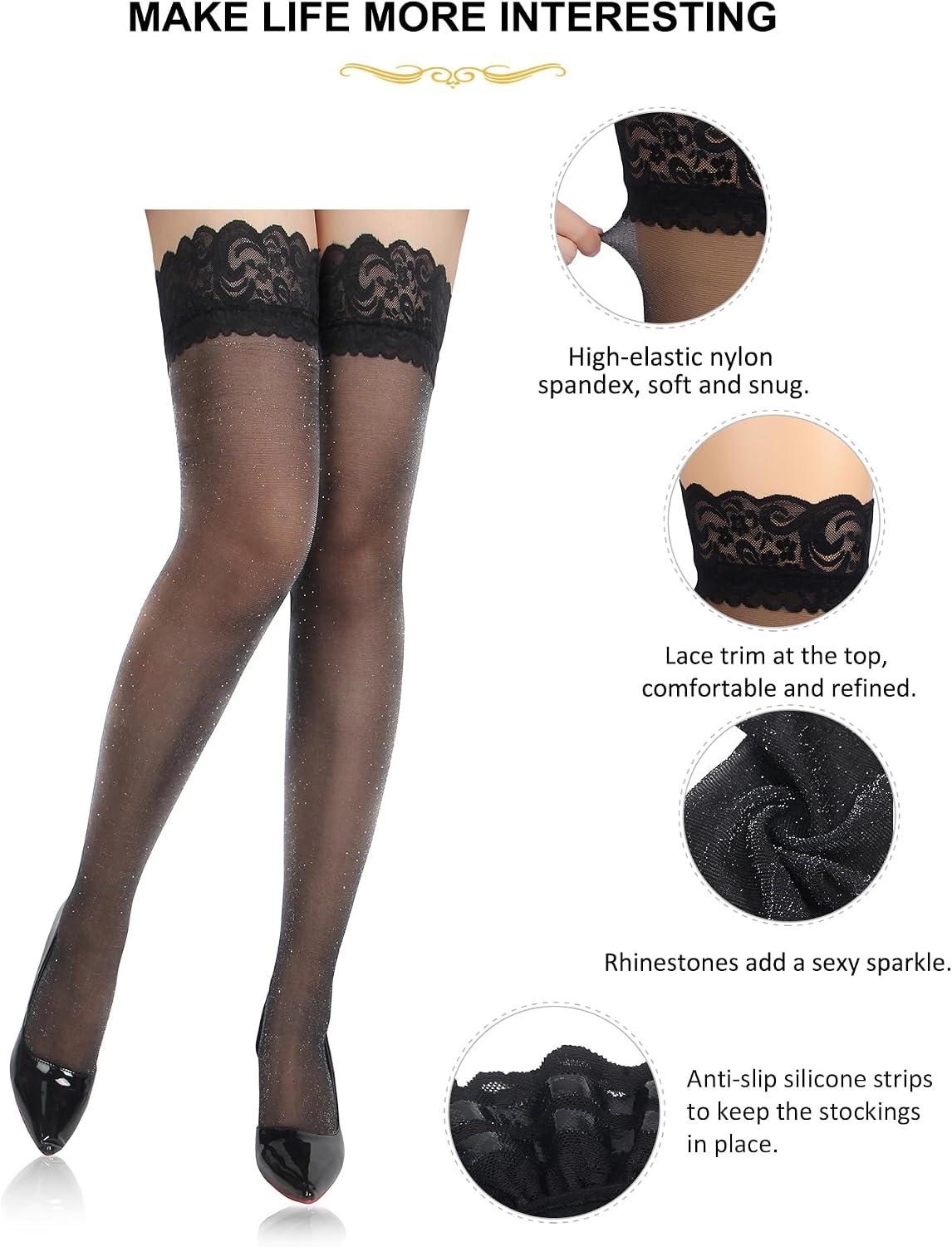Womens Rhinestone Plus Size Thigh High Stockings Silicone Lace Top Pantyhose Sexy Vintage Stocking XS-5XL