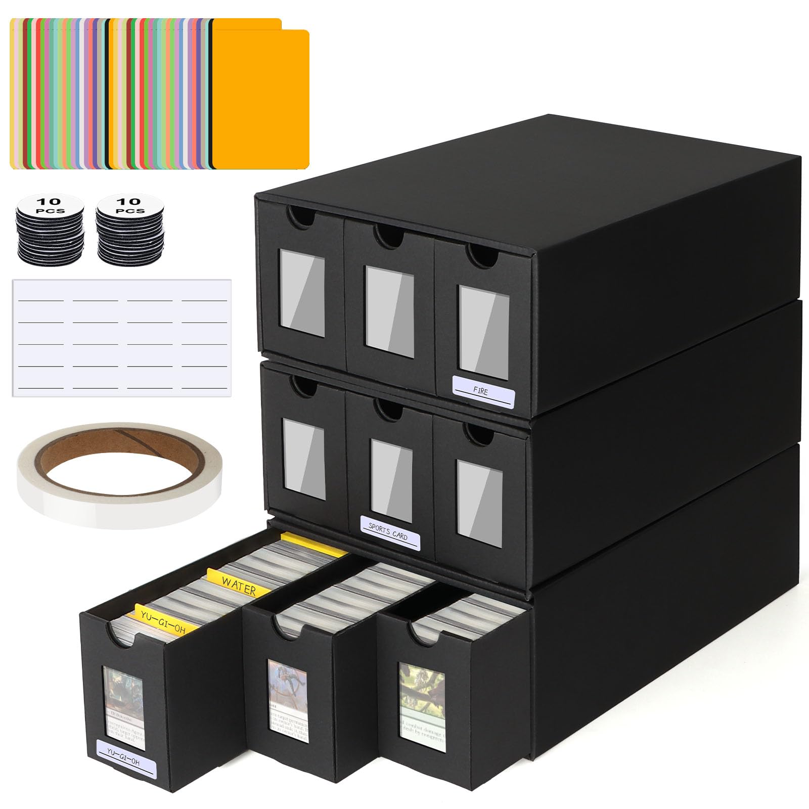 POKIENE 9000+ 3 PCS Trading Storage Box Card with Window, Card Storage Box with 48 Card Dividers(24 Colors), Labels Tape and Drawers, for Tcg, Mtg, Ptcg, Sports Cards — image 1