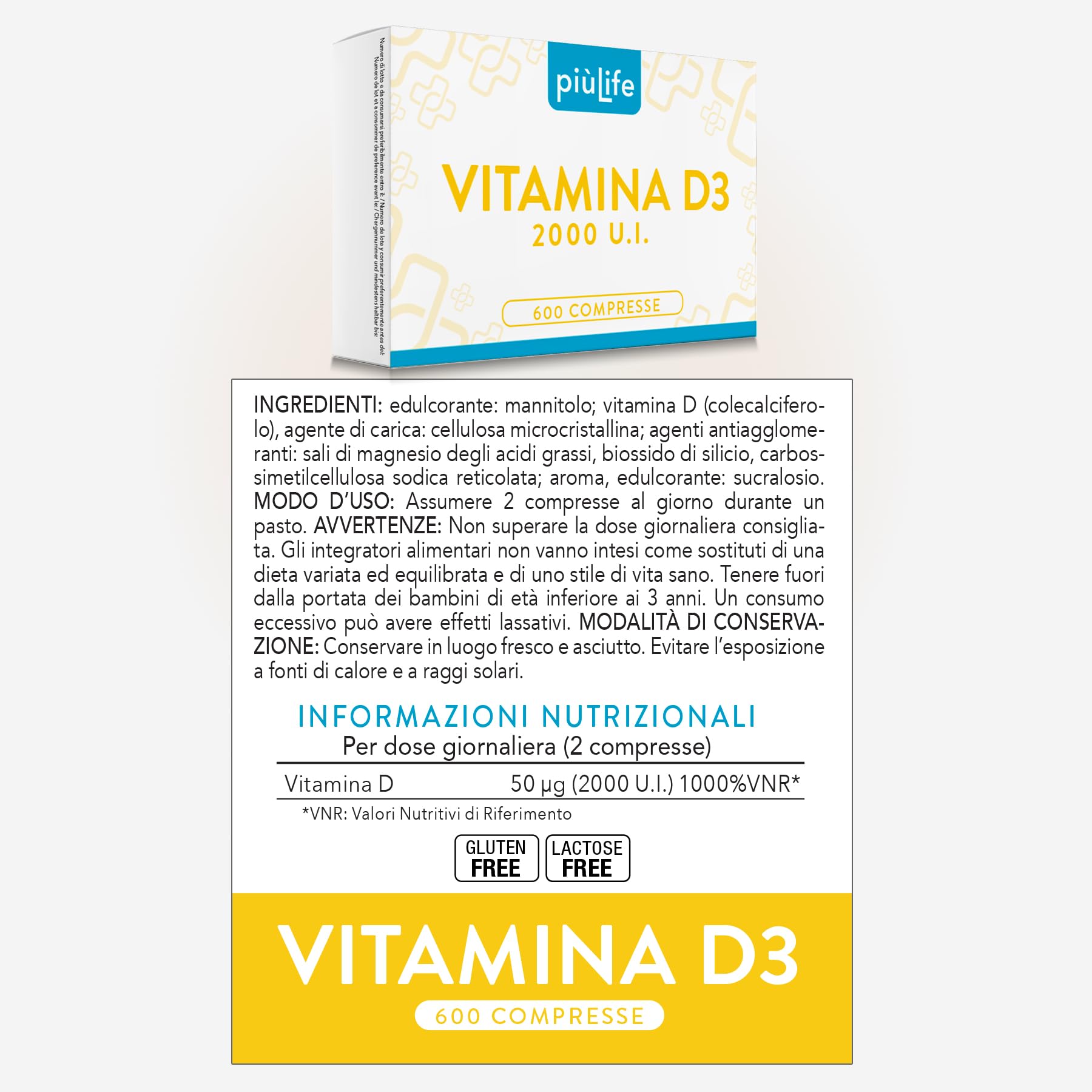 Vitamina D 2000 UI PiùLife, 600 Mini Compresse Vitamina D3 Masticabile (2cpr Per Dose), Integratore Vit D Pura, Difese Immunitarie, Ossa Muscoli Denti, Vit D3 Gluten Free, Lactose Free