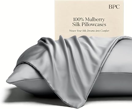 BPC 100% Mulberry Silk Pillowcases 2 Pack, Grade 6A ClimaSilkTM Silk Pillow Cases Standard Size, Both Sides, 600 Thread Count, with Hidden Zipper 20"x26", Frost Gray