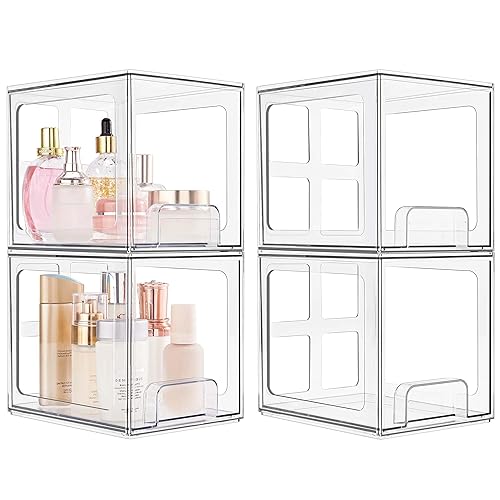 SMARTAKE Paquete de 4 cajones organizadores de maquillaje apilables, organizadores de baño de acrílico, cajones de almacenamiento de plástico