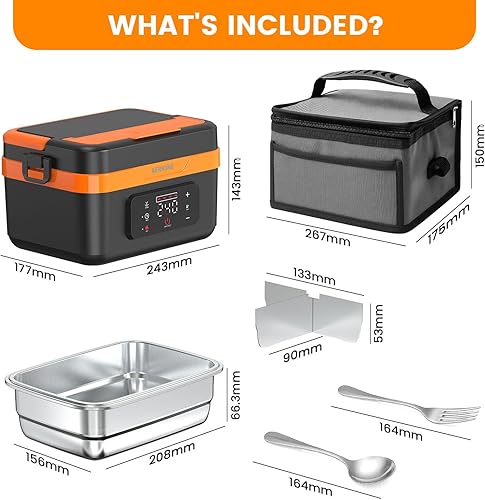 Miniatura 8 de Fiambrera eléctrica para adultos, calentador de alimentos autocalentable recargable de 75 W con recipiente de acero inoxidable de 1.5 L, lonchera