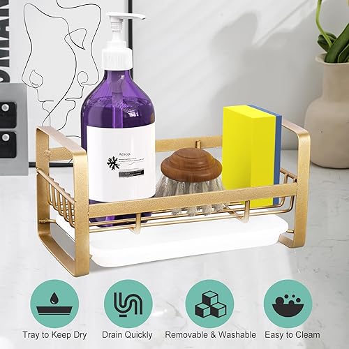 Miniatura 4 de VANTEN Soporte de esponja para fregadero de cocina, soporte de esponja para fregadero de cocina, organizador de fregadero, dispensador de jabonera,