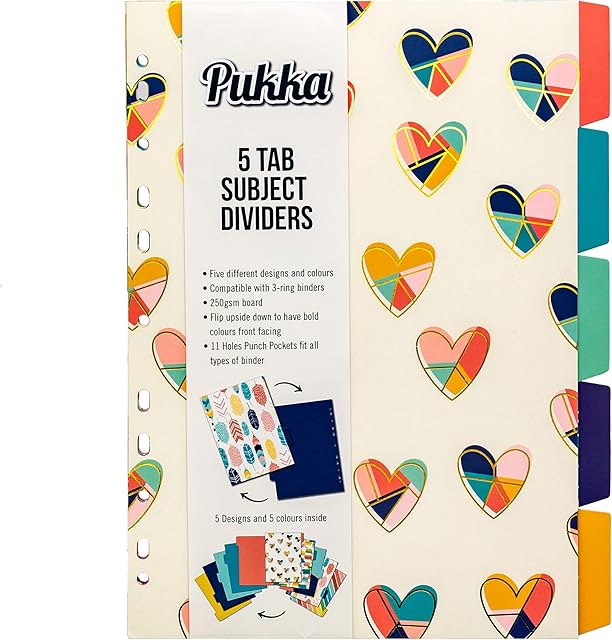 Pukka Pad, Fashion A4 5-Part Divider Set  5 Reversible Subject Dividers with Fun Designs and Solid Colours on Reverse  11-Hole Punch Design on 250GSM Board