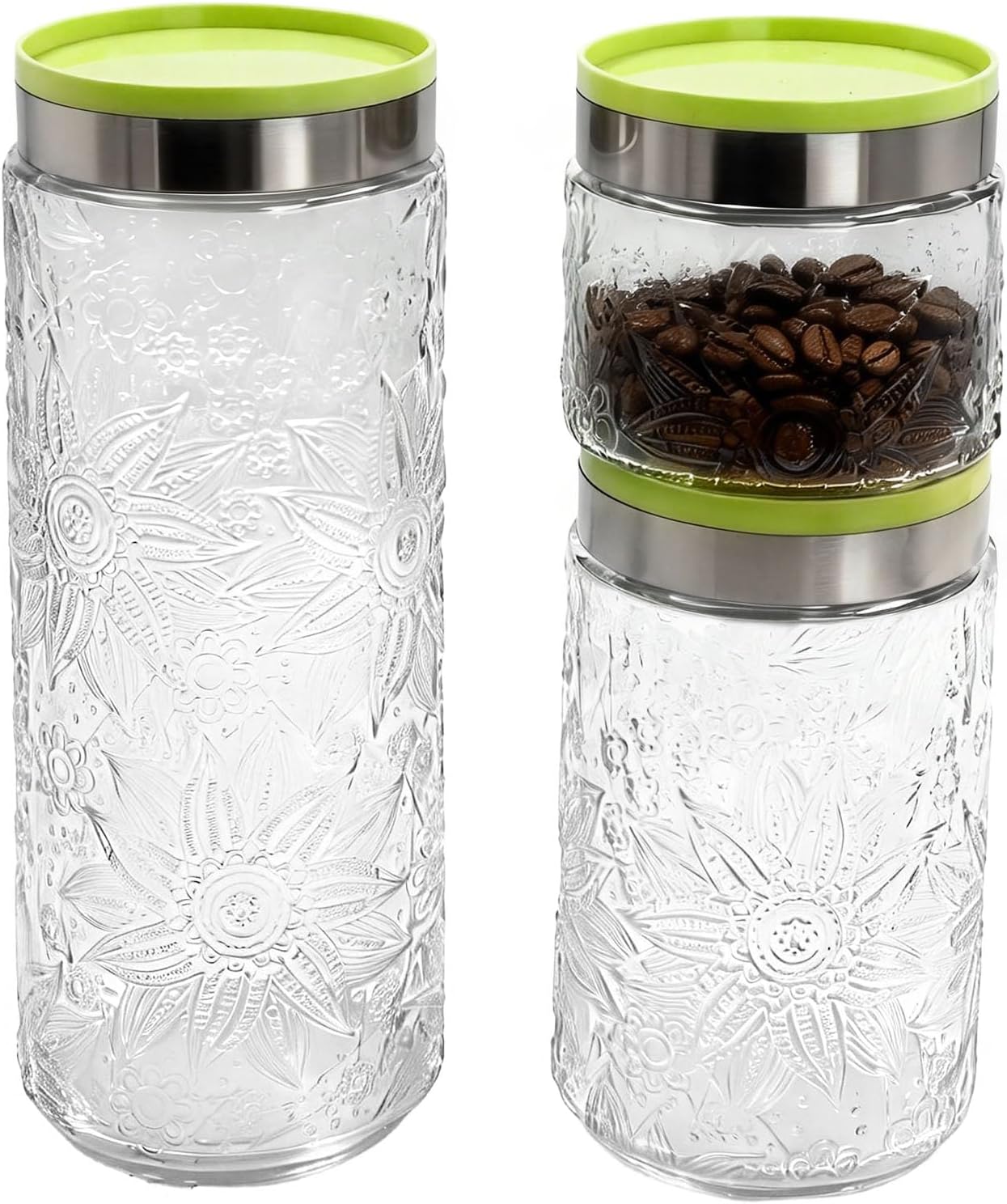 Daily Treasures Vintage Glass Tea Coffee and Sugar Canisters Set with Embossed Design & Screw-Top Lids, 3-Piece Stackable Kitchen Jars for Food Storage - Sugar, Flour Containers (14oz, 20oz, 37oz)