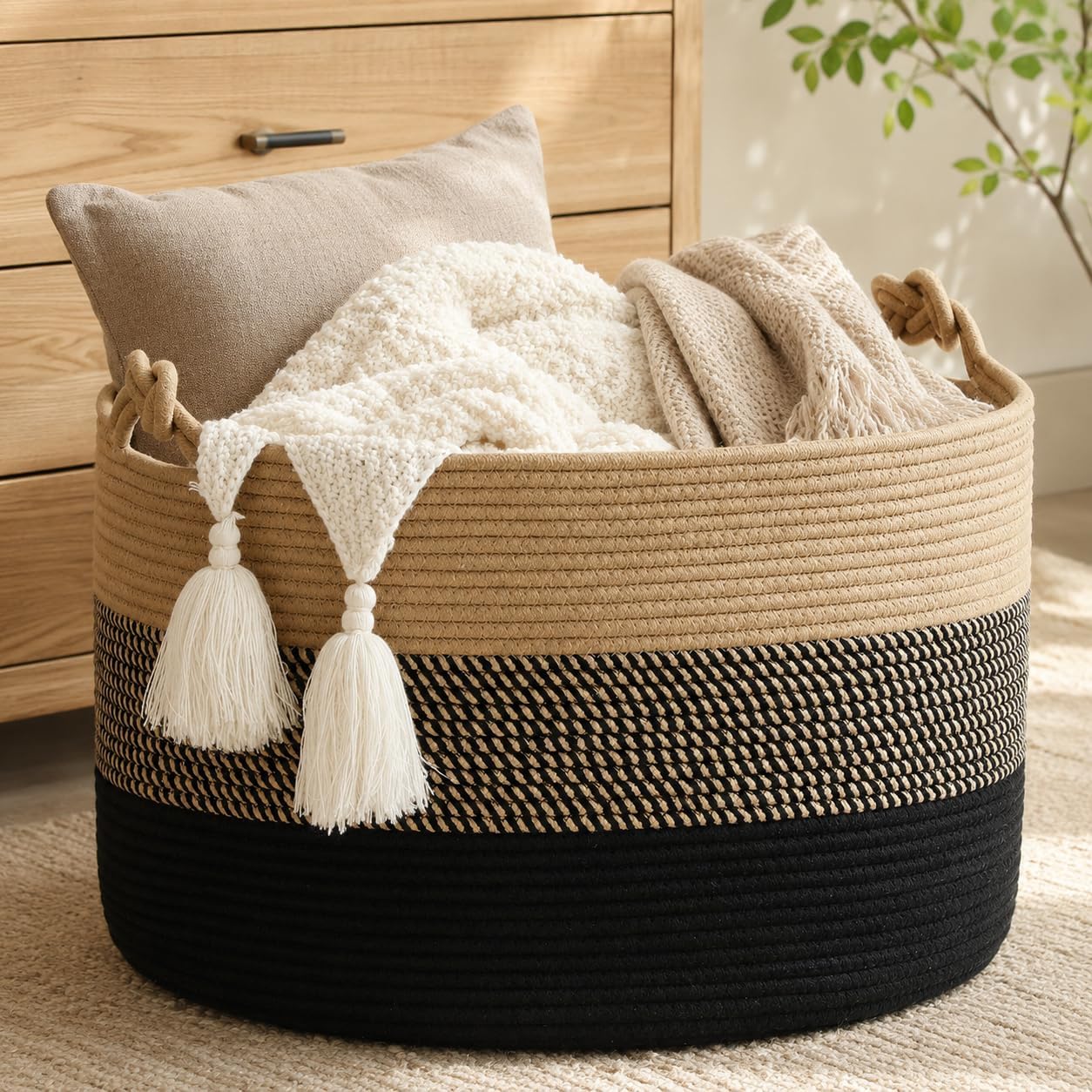 KAKAMAY Large Blanket Basket (20"x13"),Woven Rope Baskets for storage Baby Laundry Hamper, Cotton Rope Blanket Basket for Living Room, Laundry, Nursery, Pillows,Baby Toy chest (Jute/Black)