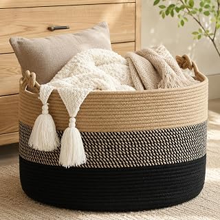 KAKAMAY Large Blanket Basket (20"x13"),Woven Rope Baskets for storage Baby Laundry Hamper, Cotton Rope Blanket Basket for Living Room, Laundry, Nursery, Pillows,Baby Toy chest (Jute/Black)