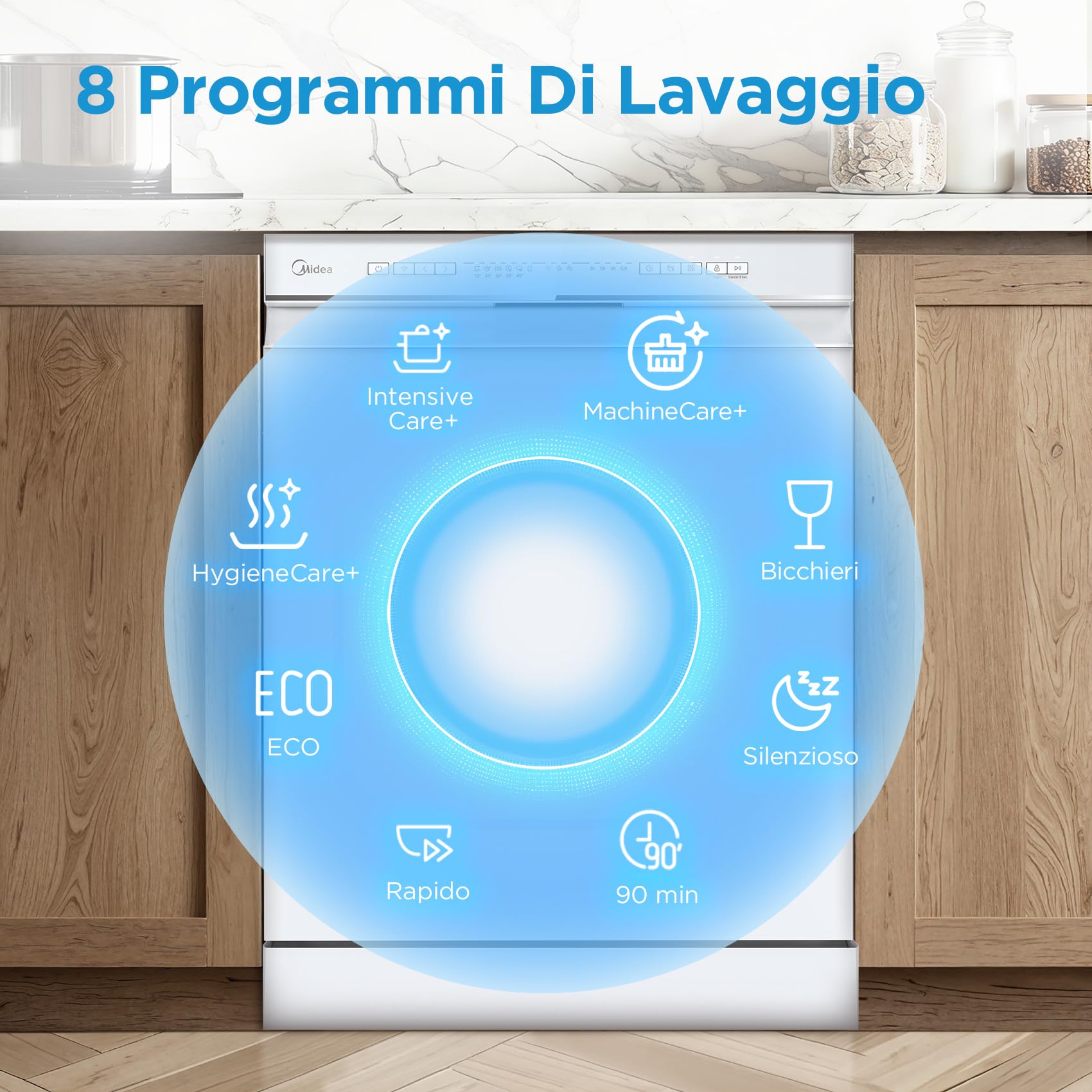 Midea MDWPF1333CW-WD-EU Lavastoviglie Libera Installazione con 13 coperti, 8 Programmi, Partenza Ritardata, Funzione di Mezzo Carico, Asciugatura Extra - Bianco