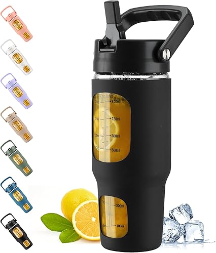 kytffu Vaso de vidrio de 32 onzas con popote y tapa, taza de café helado reutilizable con asa y funda de silicona, botellas de agua motivacionales