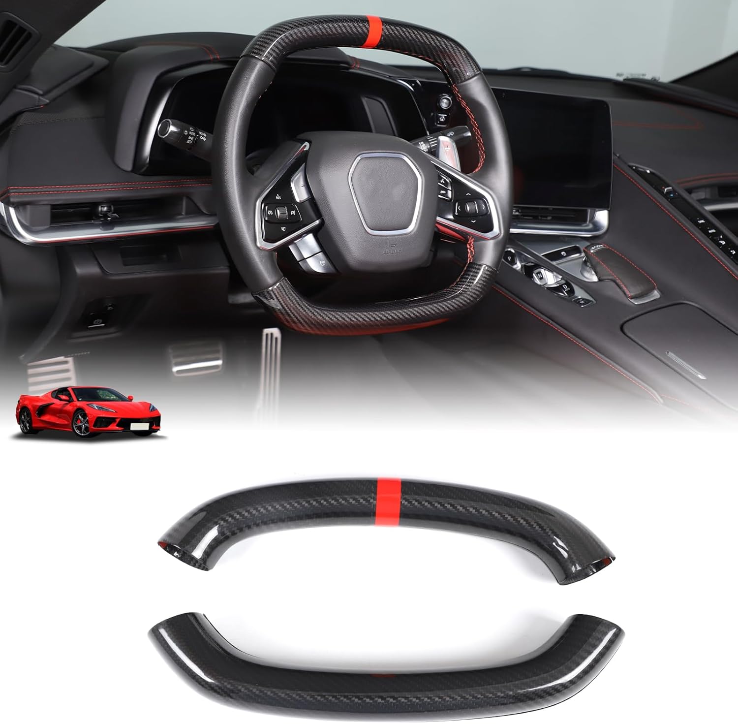 for C8 Corvette Center Steering Circle Round Cover Accessories,Set of 4 Genuine Carbon Fiber Steering Protection Molding Interior Trim for Corvette C8 Stingray Z51 Z06 E-Ray 2020-2024 2025 (Red)