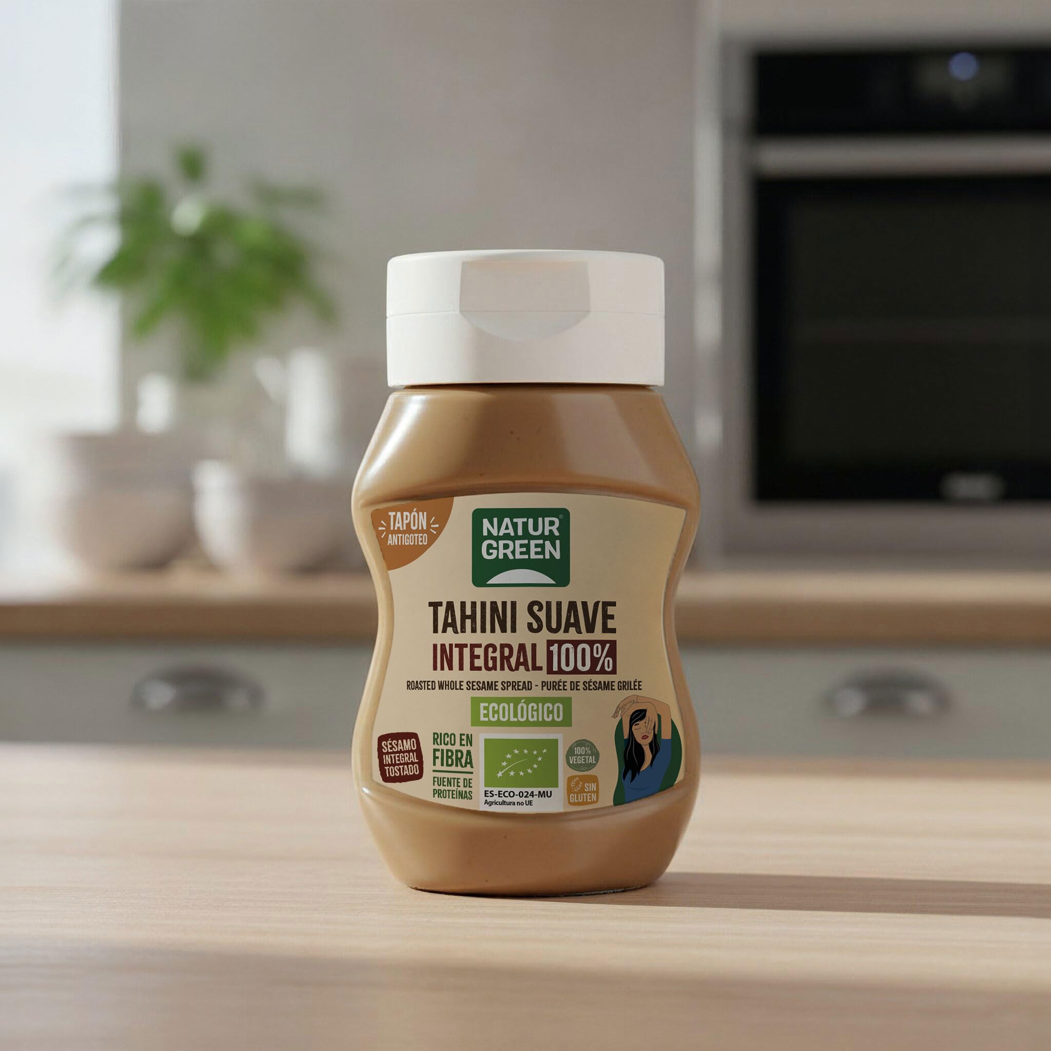 NaturGreen - Tahini Suave Integral Bio, 270 g, Tapón Antigoteo, Puré de Sésamo 100% Ecológico, Textura Cremosa, Rico en Fibra, Sin Gluten ni Azúcares, Fuente de Proteínas, Recetas Saludables