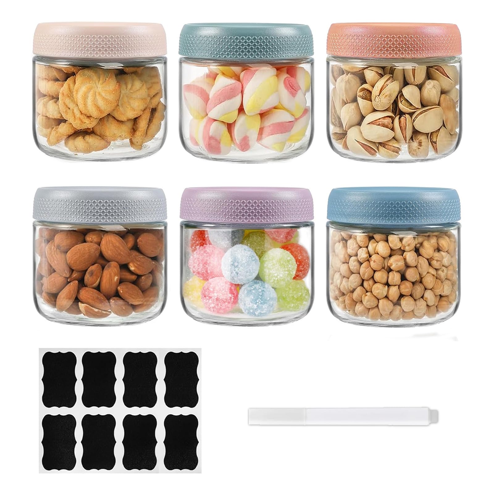 ZhouZGlass 6-Pack 300ml Glass jars with Airtight Screw Lids, Overnight Oats Containers with Lids, Wide mouth Mason Salad jars, Glass Food Storage Containers for Snacks Yogurt Spice Sugar