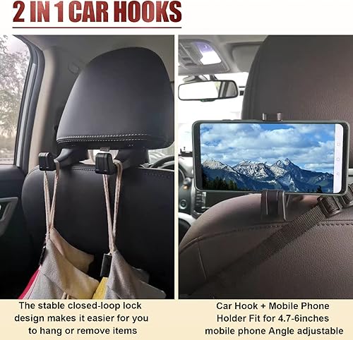 Miniatura 5 de Ganchos de asiento de coche 2 en 1 para bolsos y bolsas con soporte para teléfono, organizador universal para reposacabezas de automóvil, gancho