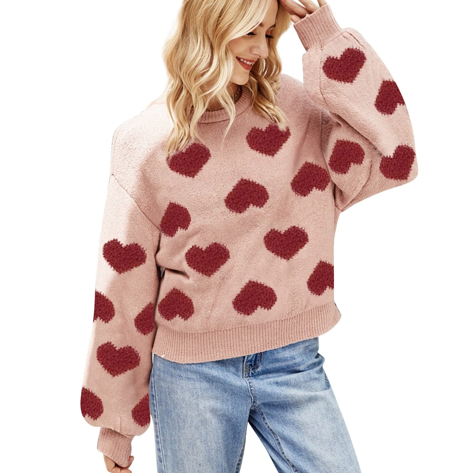 GORGLITTER Damen Pullover Mit Herzmuster – Warmer Strickpullover, Rundhals, Langarm, Oversized, Weich, Atmungsaktiv – Ideal Für Herbst & Winter