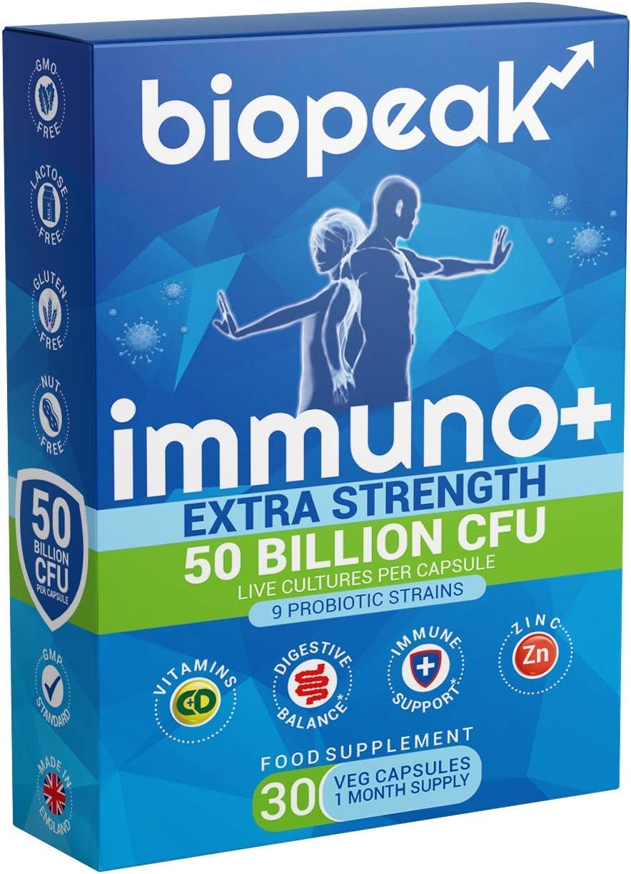 Immuno + 50 Billion CFU - probiotics for Men & Women - Boost Immunity & Gut Health - with Prebiotics Zinc, Vitamin C & D | 9 Probiotic Strains - 30 caps