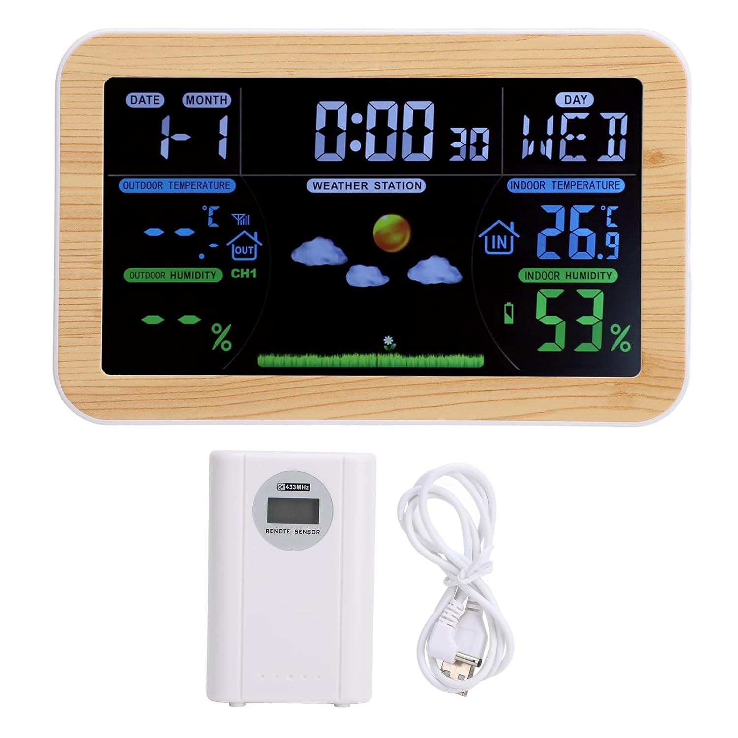 LCD Weather Clock Indoor Outdoor Temperature Humidity Monitor 24 Hour Weather Forecast for Garage Storage Room
