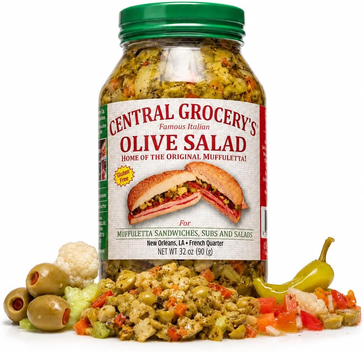 Central Grocery Olive Salad 32 oz, Authentic New Orleans Italian Olive Salad, Original Muffuletta Sandwich Spread, Olive Vegetable Relish for Sandwiches, Salads, Pizza, Seafood, Hot Dogs and Grilled Meats