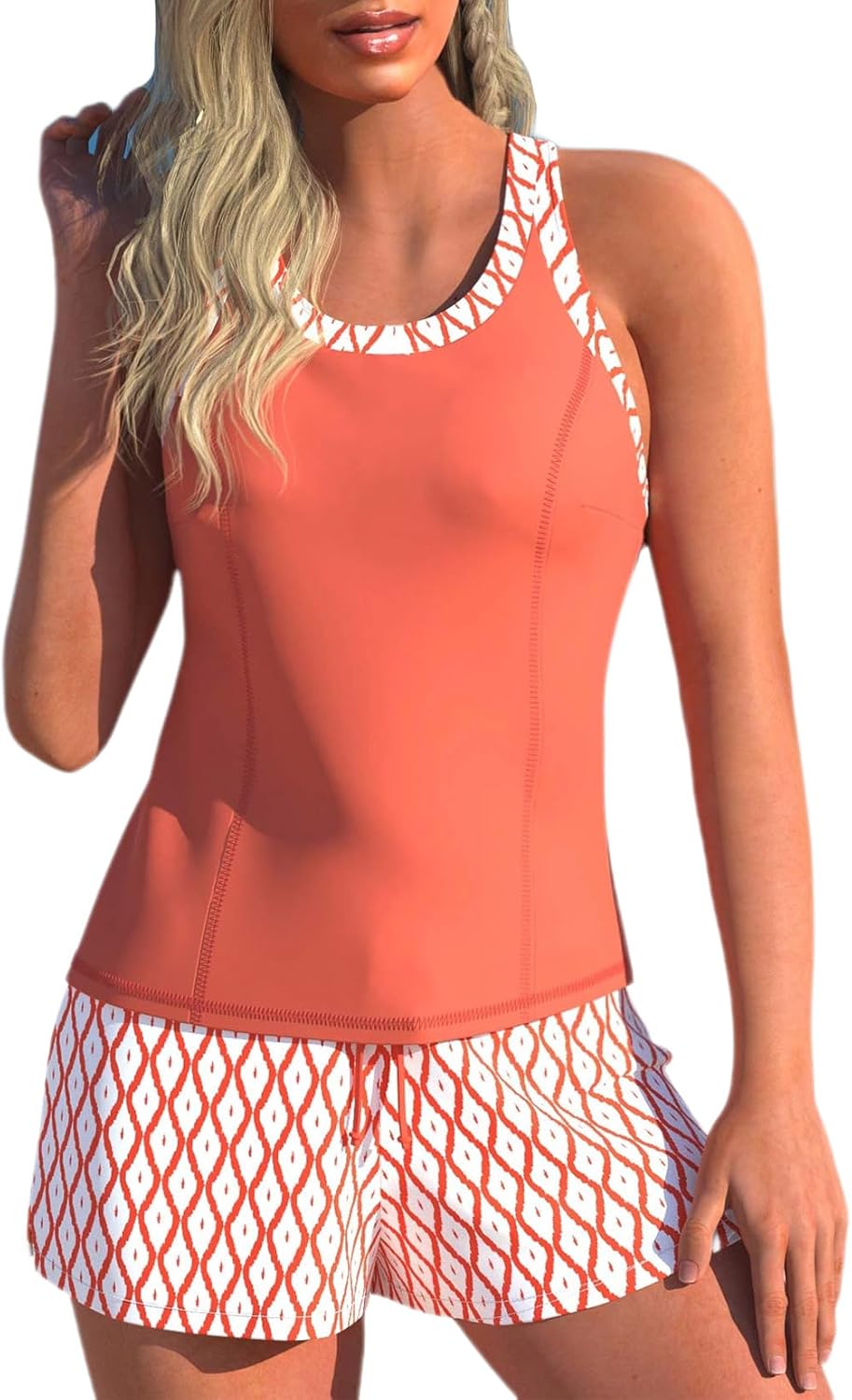 MODLILY Classic Two Piece Tankini Swimsuits for Women, Contrast Binding Bathing Suits, Full Coverage Tank with Shorts