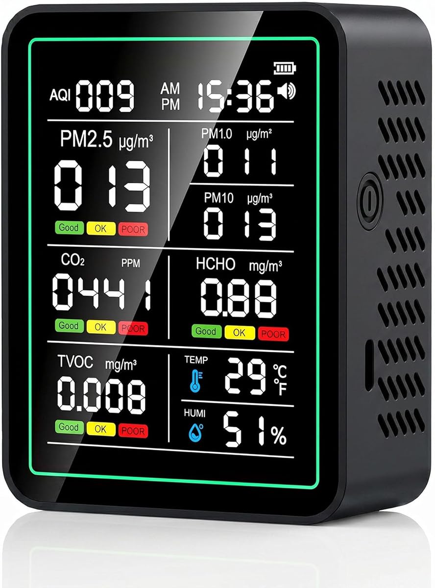 Monitor de calidad del aire para interiores, probador de calidad del aire inteligente portátil 10 en 1 | para CO2 | TVOC | HCHO | ICA | PM2.5 | PM1.0 | PM10 | Temperatura | Humedad y Tiempo para Hogar, Oficina, Coches, Hotel, Escuela, Negro