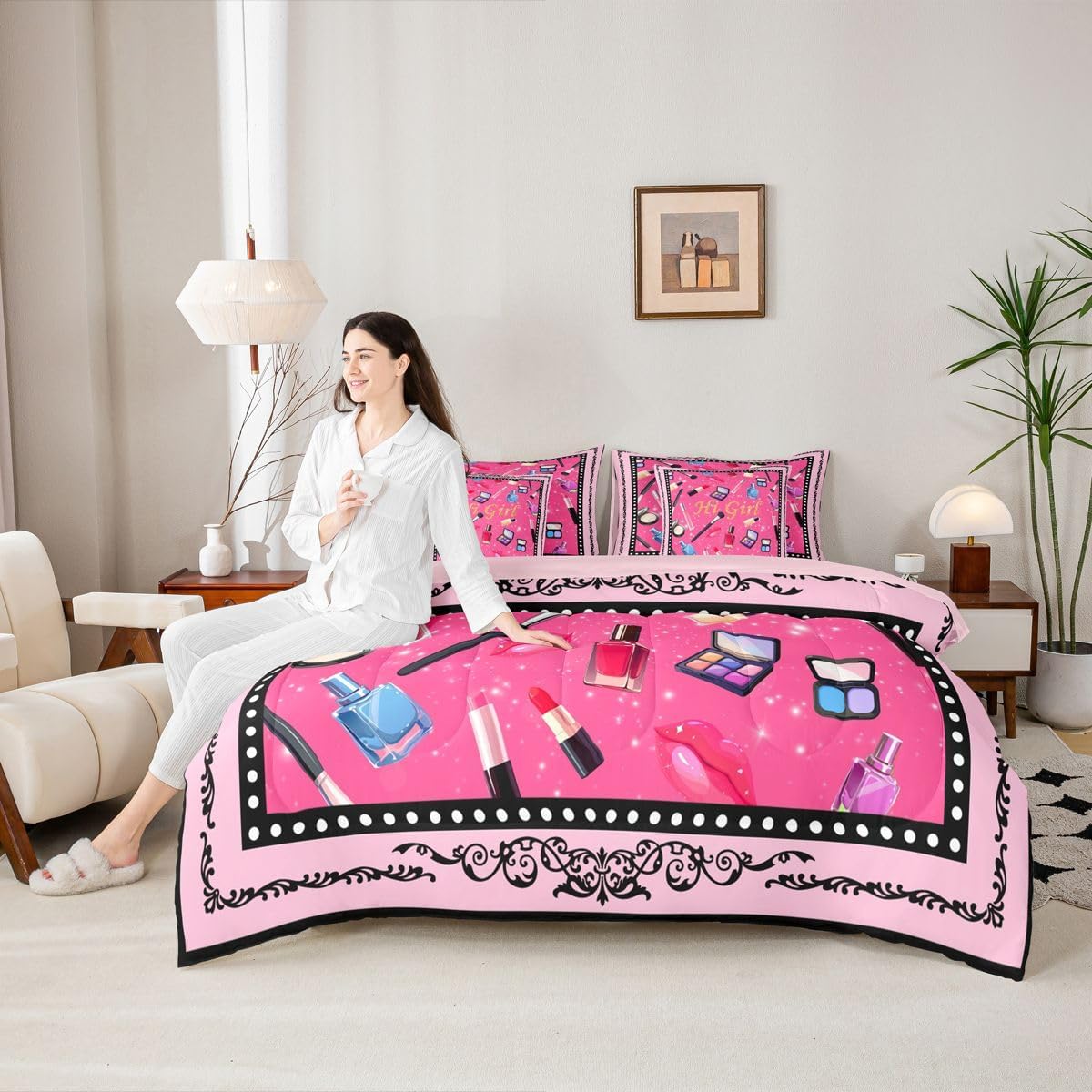 Makeup 7 Pieces Kids Bedding Set Queen Bed in a Bag,Girls Women Cosmetics Lipstick Comforter Set with Comforter,Flat,Fitted Sheet,Pillowcases,Pillow Covers,Glitter Lace Print Microfiber Bedding