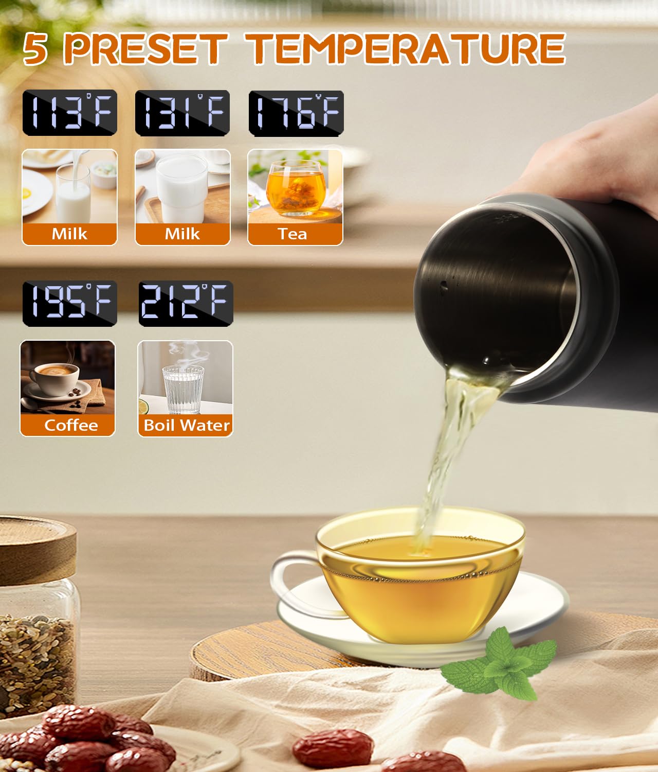 Portable Travel Kettle, Mini Electric Kettle with 5 Temperature Settings, 304 Stainless Steel, Auto Shut-Off & Boil Dry Protection, Small Tea Kettle for Travel, Black