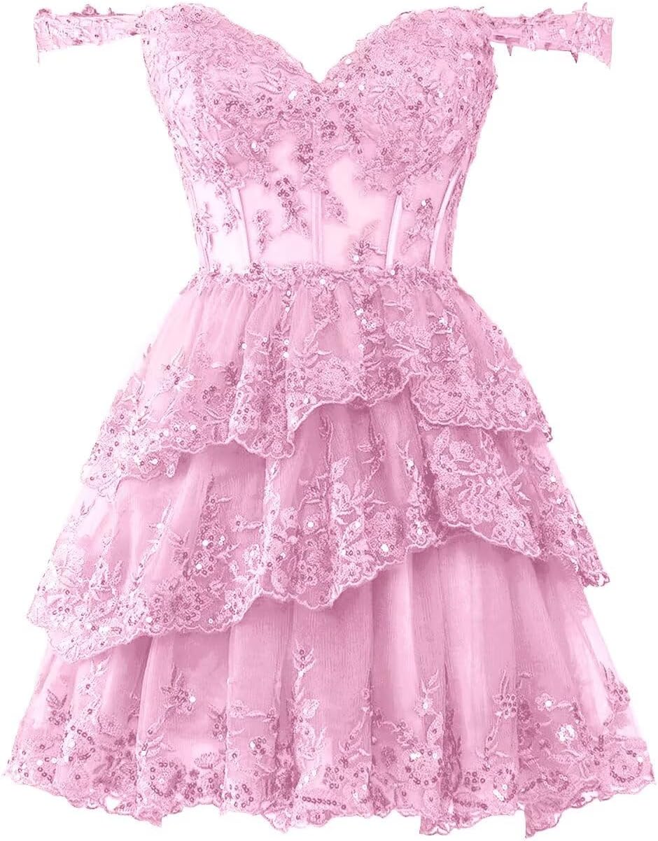Short Lace Prom Dresses for Women 2024 Off Shoulder Tiered Tulle Applique Homecoming Dresses for Teens Princess Cocktail Party Gowns Pink Us8