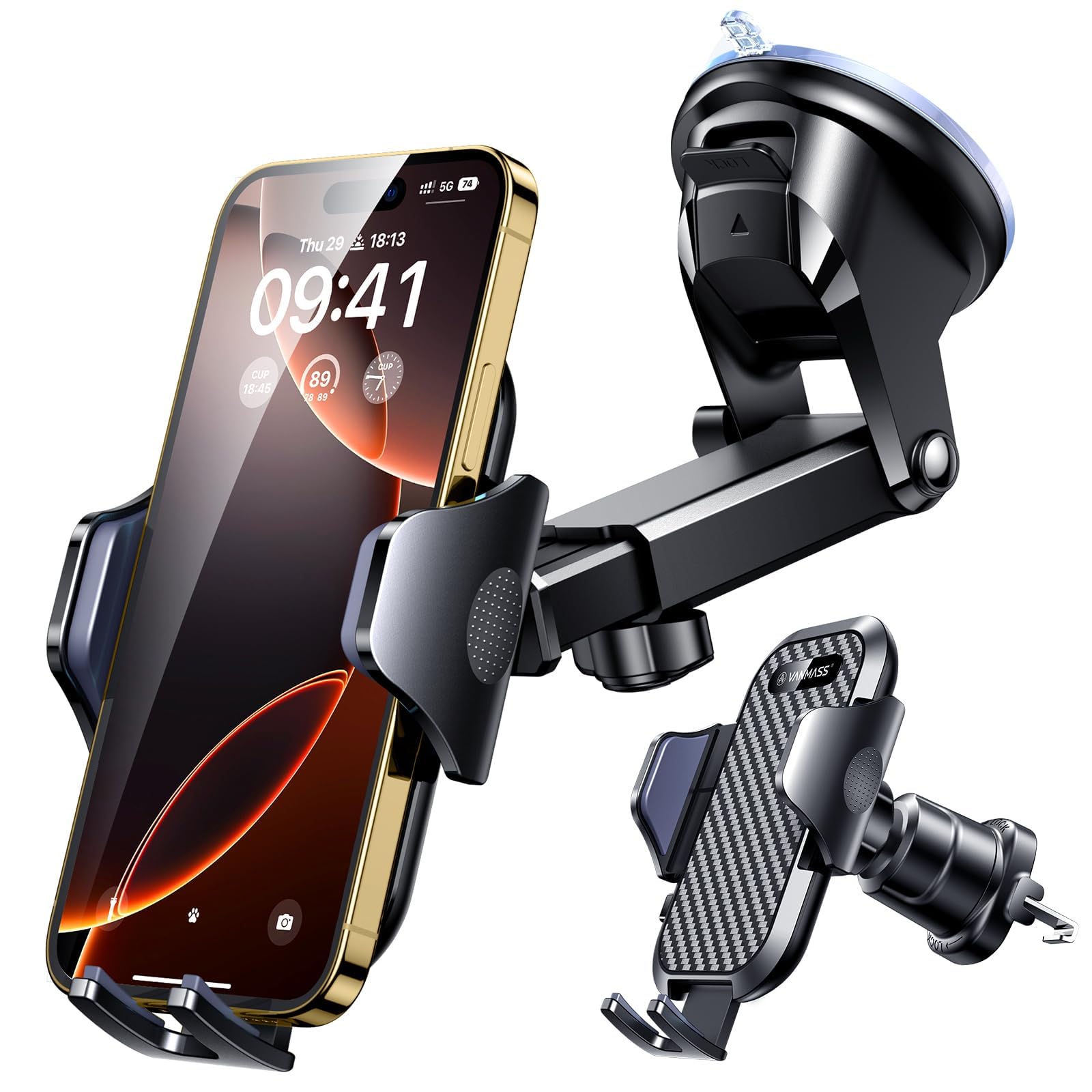 VANMASS 2025 BEST Car Phone Holder [Upgraded Suction & Clip]Rotatable Universal Mobile Phone Mount Dashboard Windscreen Vent Cradle Van Automobile Accessories for iPhone 17 Pro Max 16 15 14 13 Samsung