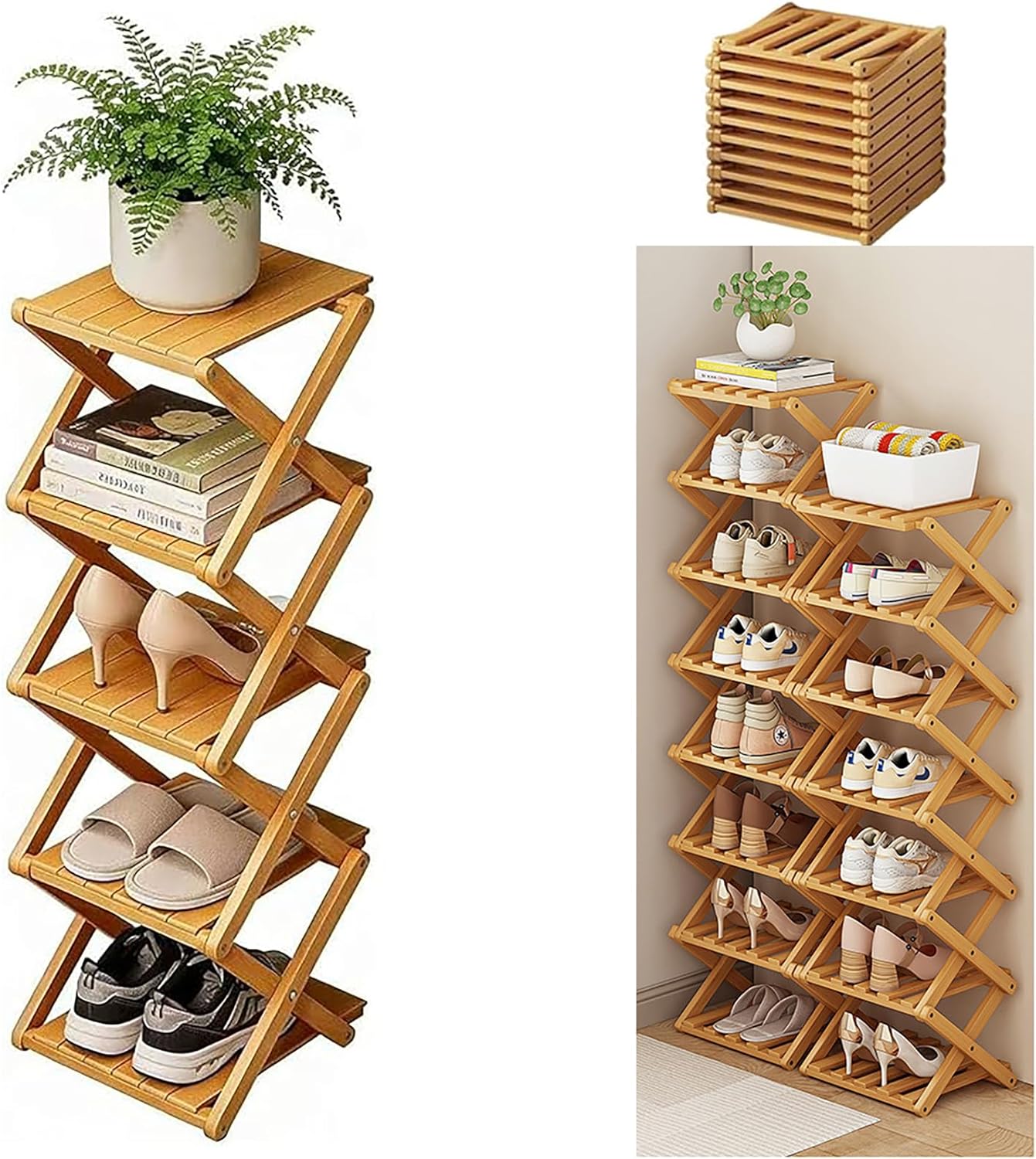 Bamboo Shoe Storage Rack, 9 Tier Bamboo Shoe Rack, Foldable Vertical Organizer, Tall Freestanding Shoe Shelf for 14+ Pairs,Closet, Entryway, Bedroom & Small Spaces (5 Layers)