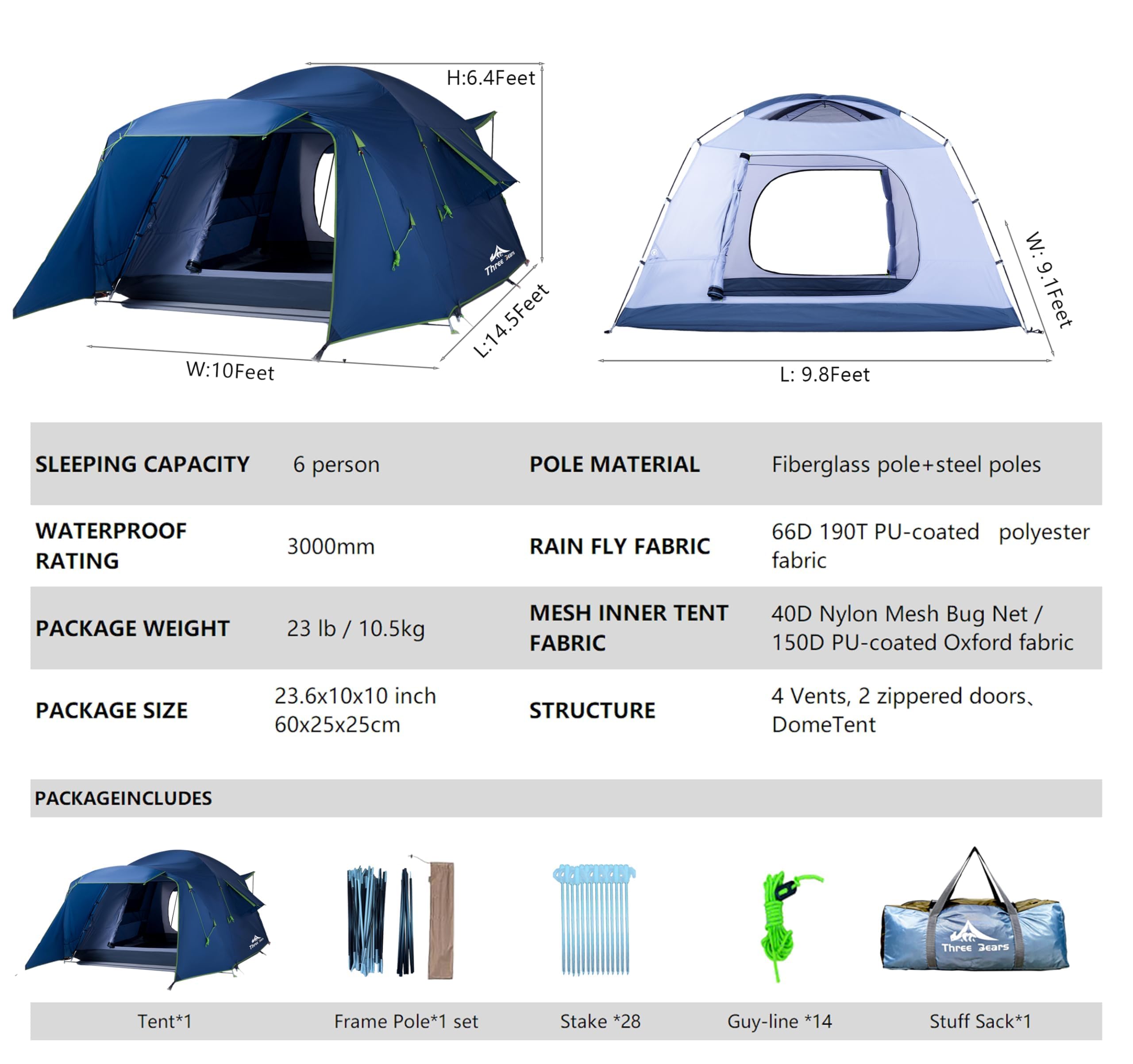 Three Bears Family Camping Tent - 6-Person Spacious Design, 3000mm Waterproof, Suitable for Road Trips/Backyards/Extended Camping Adventures in All Scenarios (Dark Blue)