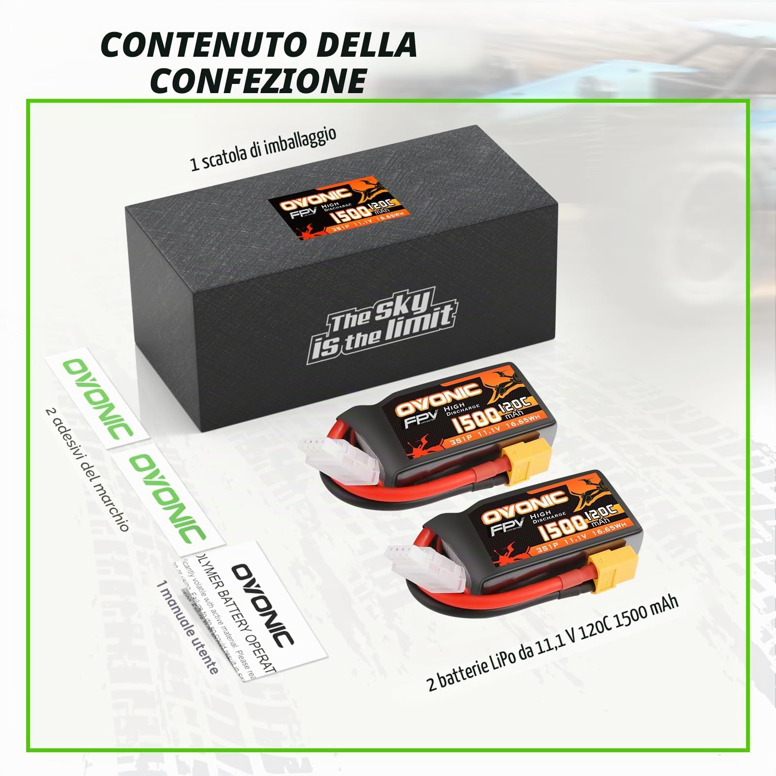 OVONIC Batteria Lipo 3s 1500mAh 120C 11.1V con Spina XT60 per FPV RC Aereo Auto RC Quadcopter Elicotteri Camion Barca Hobby (2 pcs）