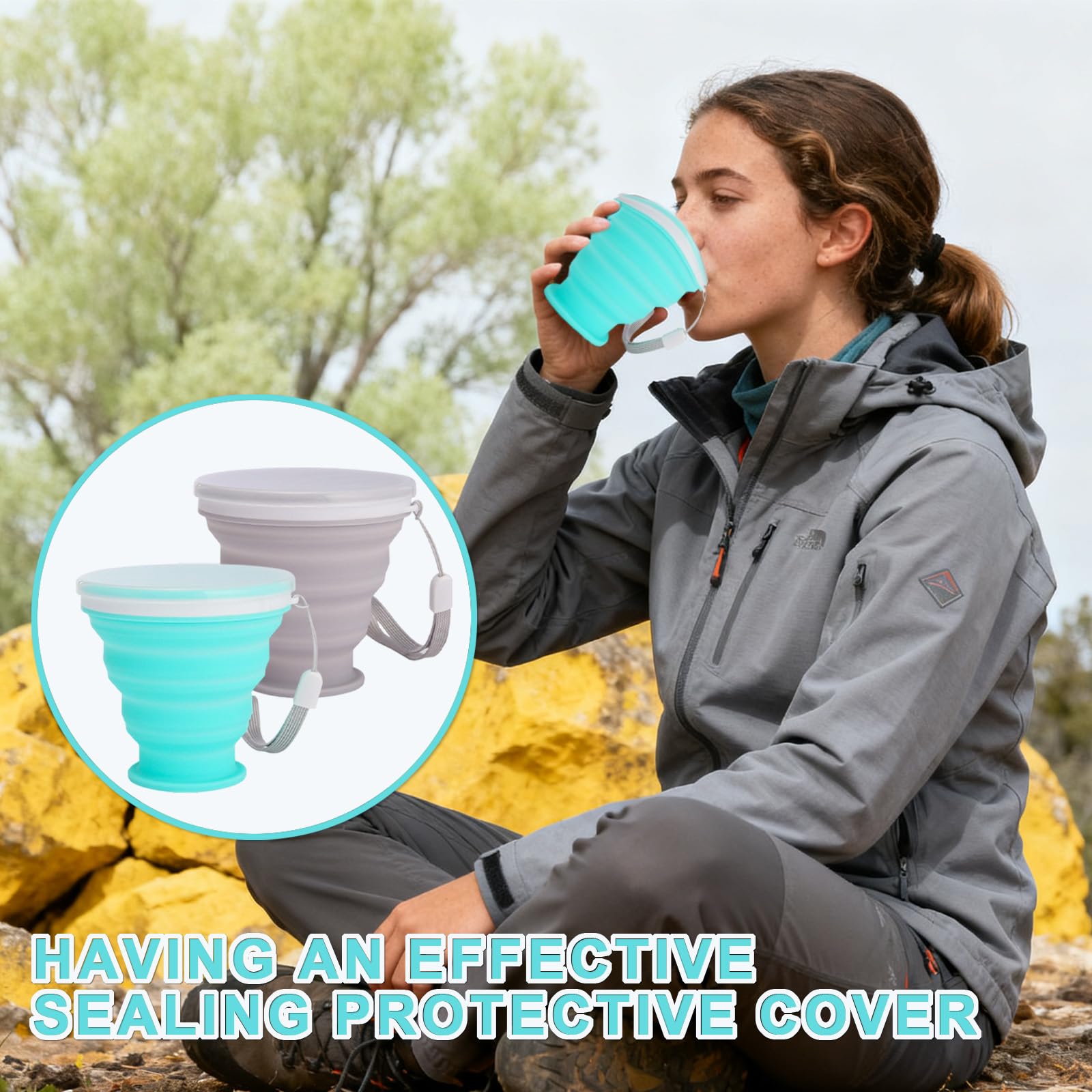 Bicchiere Pieghevole in Silicone 2 Pezzi da 200ml con Coperchio, Tazza da Viaggio salvaspazio compatta 7cm per Campeggio Escursioni Sport Picnic Esterni
