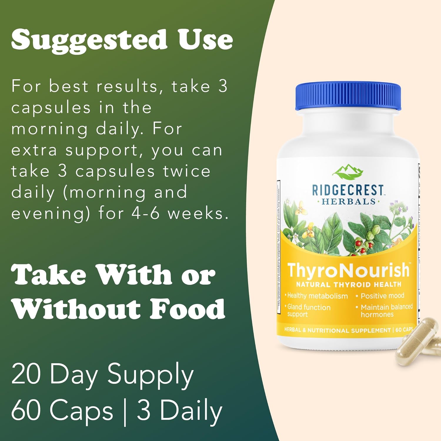 Ridgecrest Herbals ThyroNourish, Thyroid Support, Herbal and Vitamin Supplement with Ashwagandha, L-Tyrosine, Iodine, Copper, Kelp. Supports Energy, Metabolism Health, Normal Sleep (60 Caps, 30 Serv)