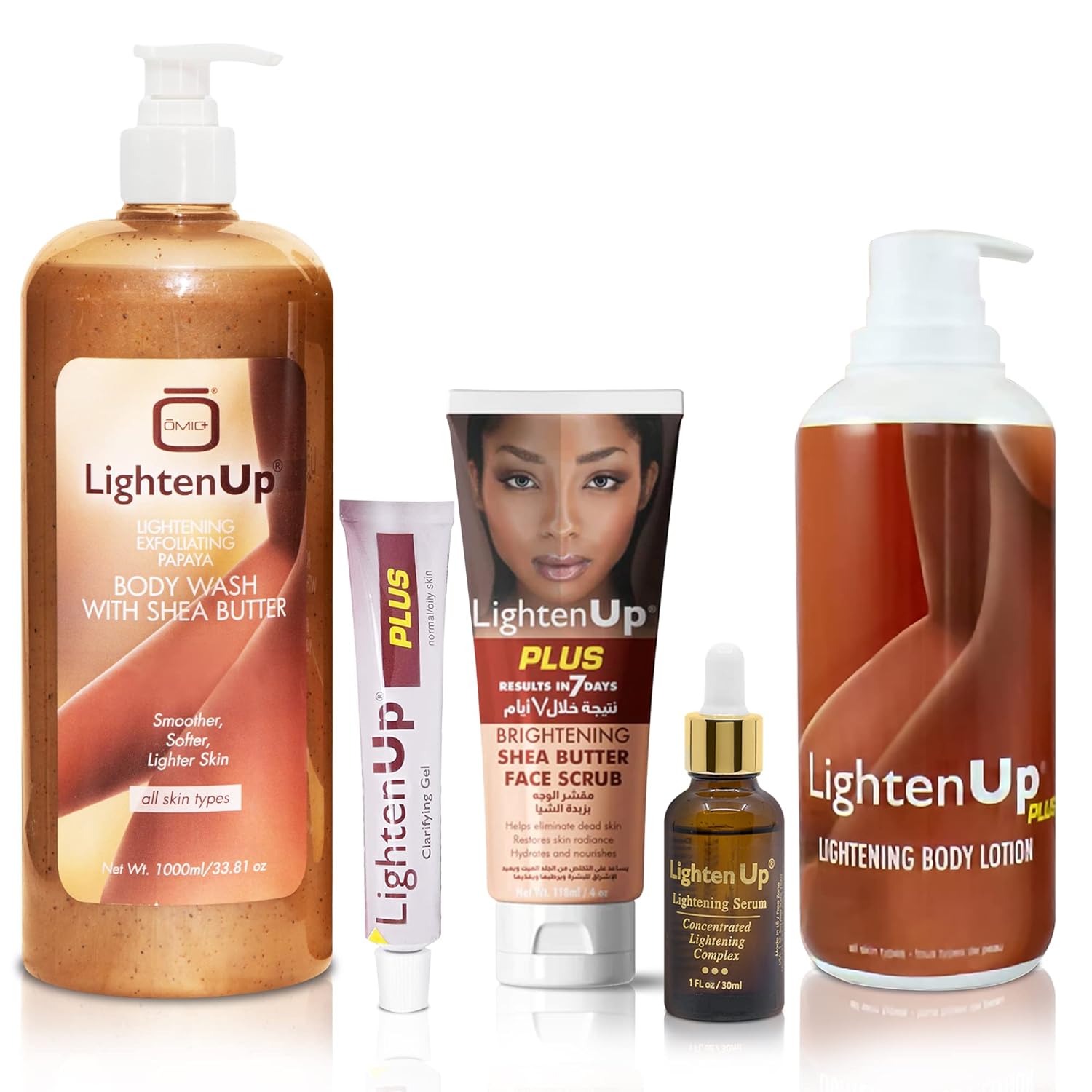 LightenUp Skin Brightening Kit - Hyperpigmentation Body Cream, Dark Spot Gel, Skin Brightening Serum Exfoliating Body Wash, Brightening Face Scrub