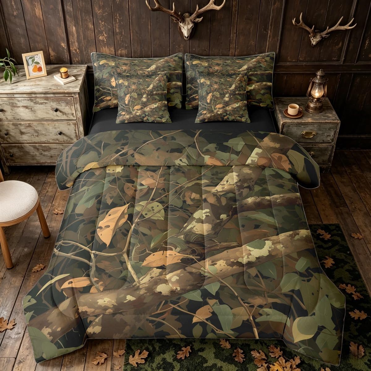 Erosebridal Grey Yellow Green Camo Leaves Kids Comforter Set Queen Size 7 Pieces | Hunting Rustic Bed in A Bag Woodland Farmhouse Bed Set Adults Women Men Bedding