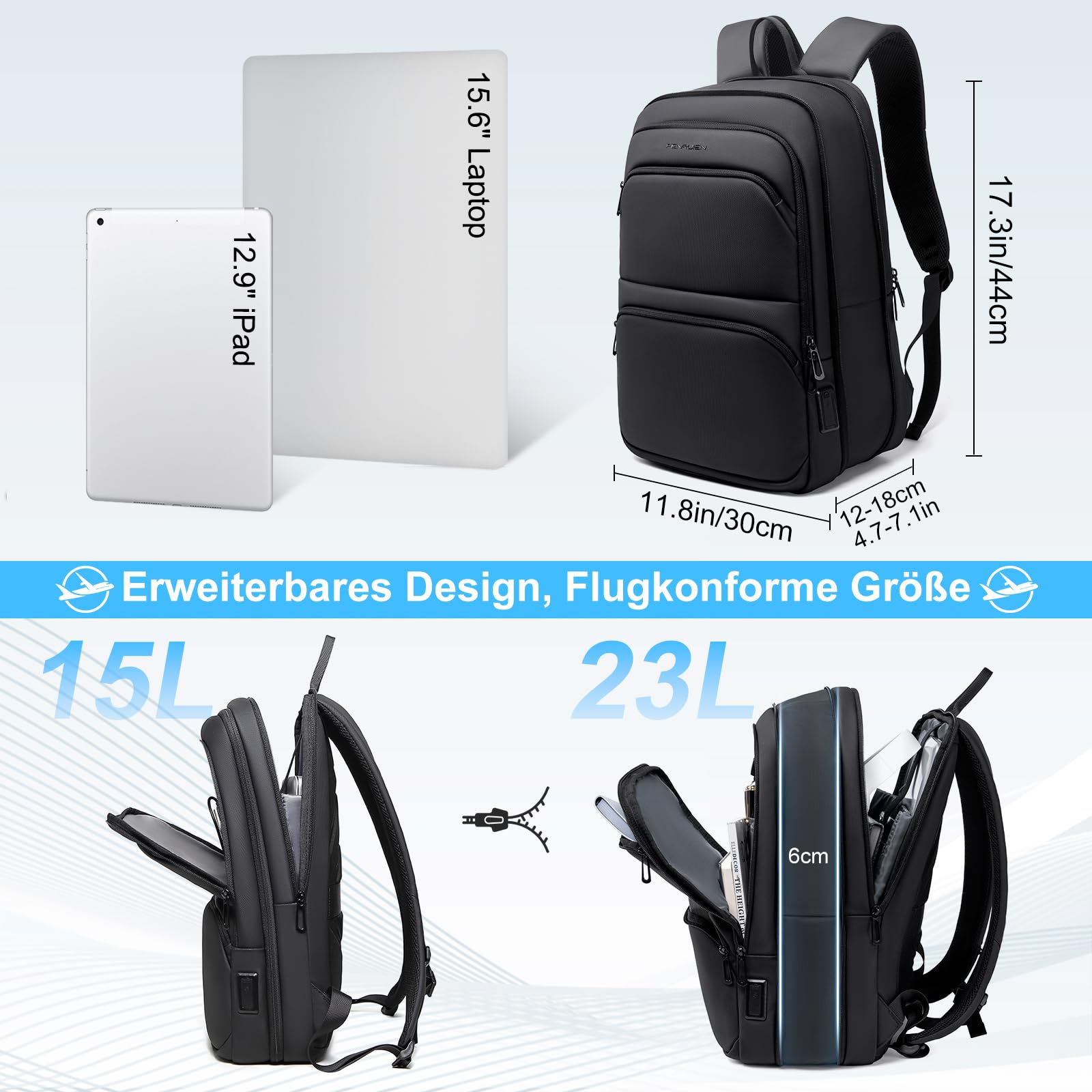 FENRUIEN Leichter Business Rucksack Herren 15.6 Zoll Wasserdicht Notebook Laptop Backpack Erweiterbar 15-23L mit USB-Ladeanschluss für Arbeit Schule, Schwarz