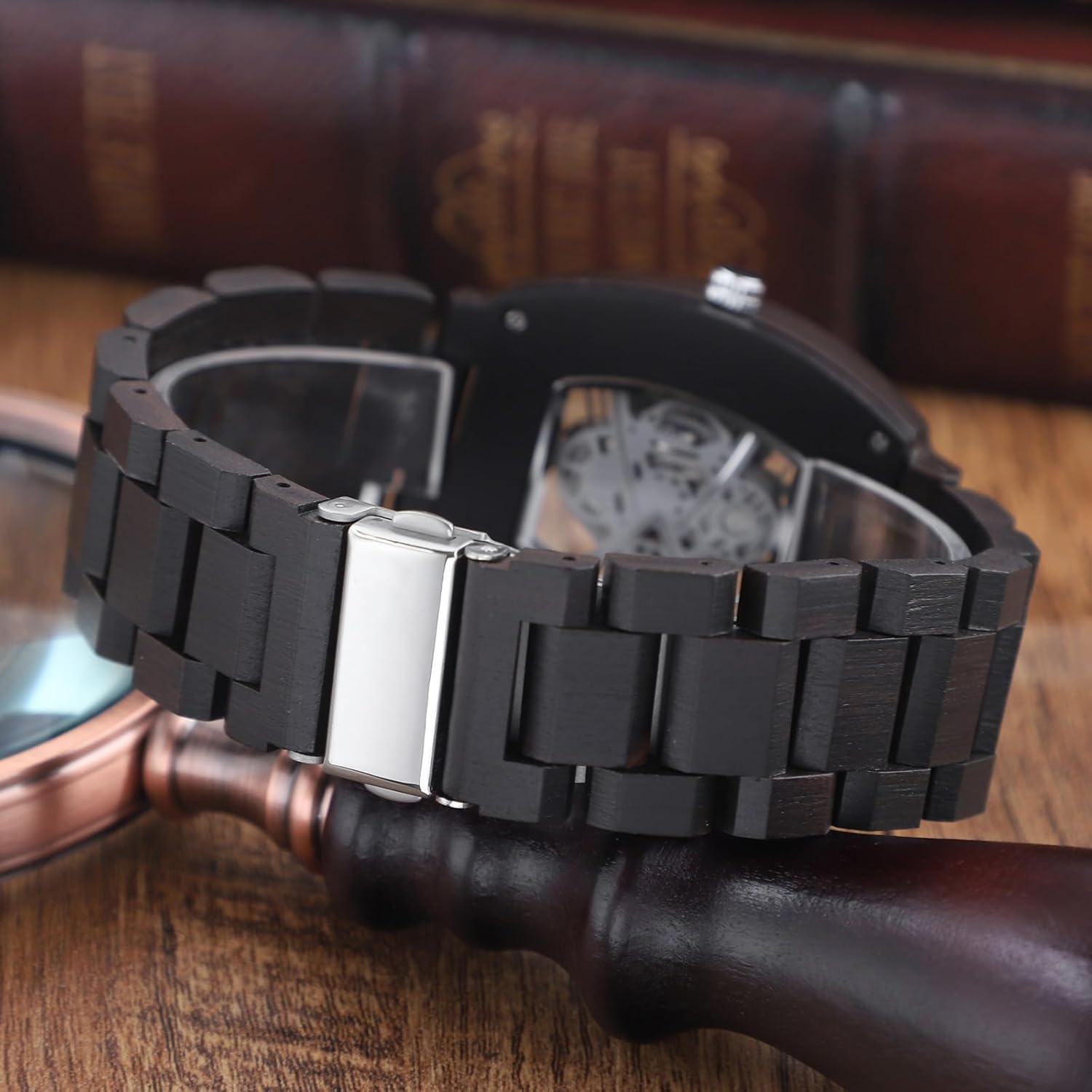 Elegant Mens 40mm Hollow Wooden Case Watch Quartz Analog Wood Watch for Dad,Husband and Boyfriend
