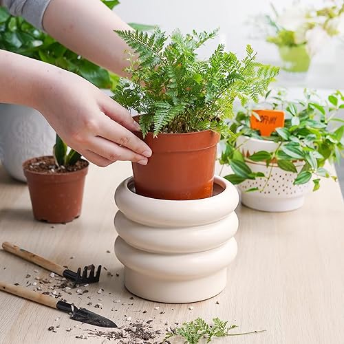 Miniatura 4 de Macetas de cerámica para plantas de interior, juego de 2, macetas bohemias de 5 pulgadas con agujeros de drenaje, maceta moderna para suculentas