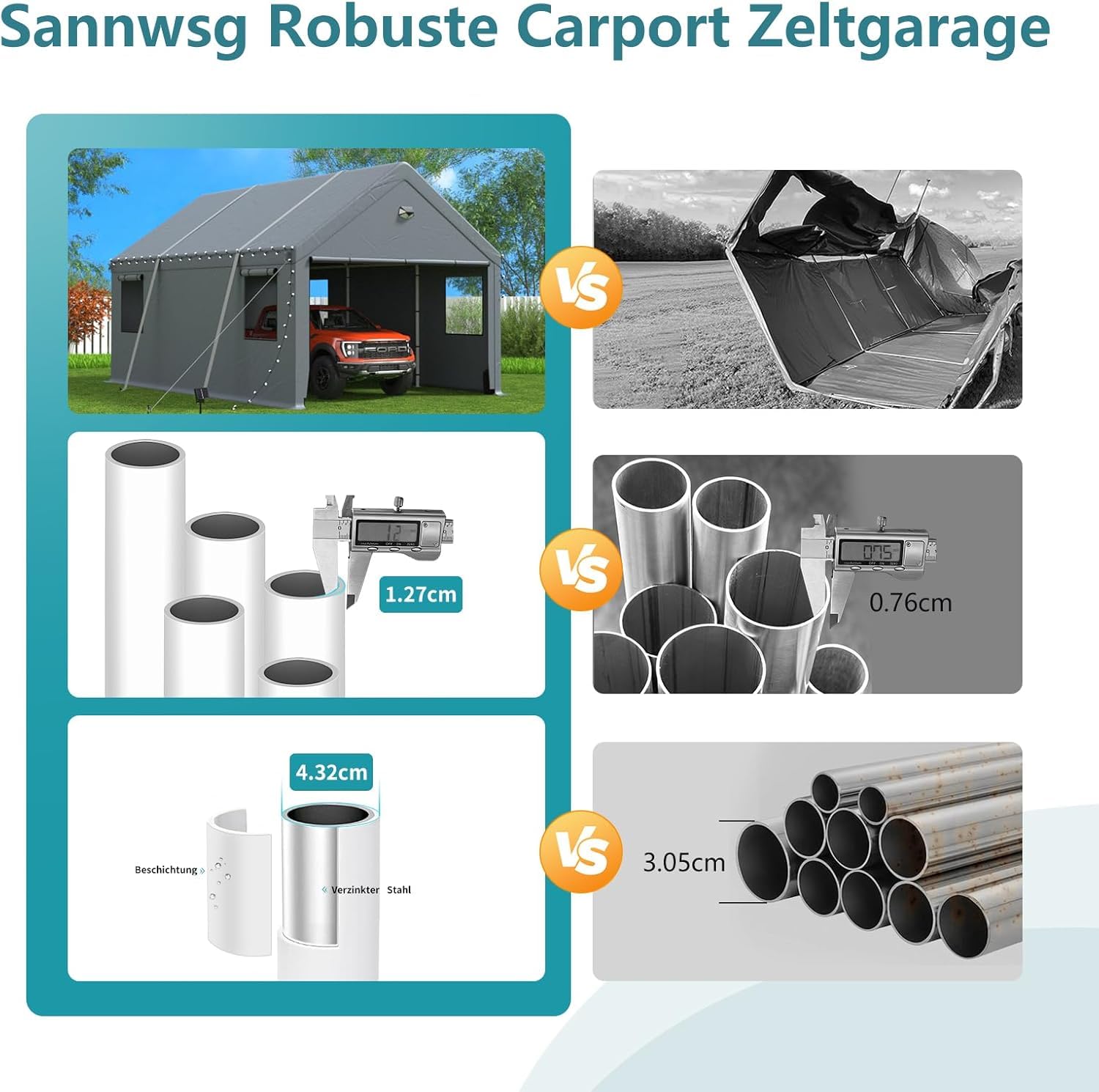 Tenda da garage extra large resistente all'inverno 6 x 6 m con finestra arrotolabile per auto, SUV, barche e camion - Pareti laterali e tetto rimovibili