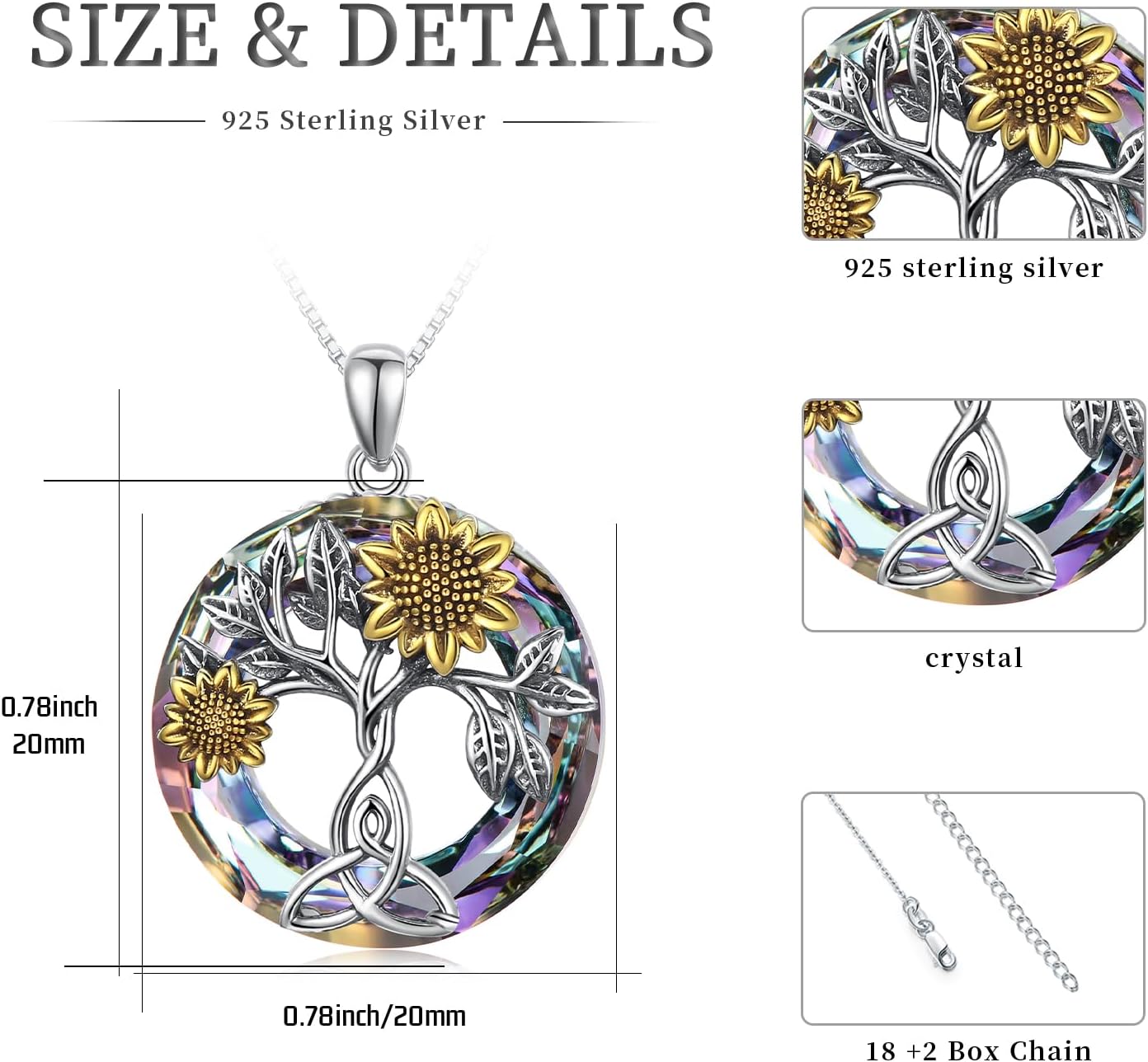 Sunflower Necklace 925 Sterling Silver with Crystal Sunflower Necklace Tree of Life Pendant Sunflower Jewelry Gifts for Women Mom Wife - Image 6