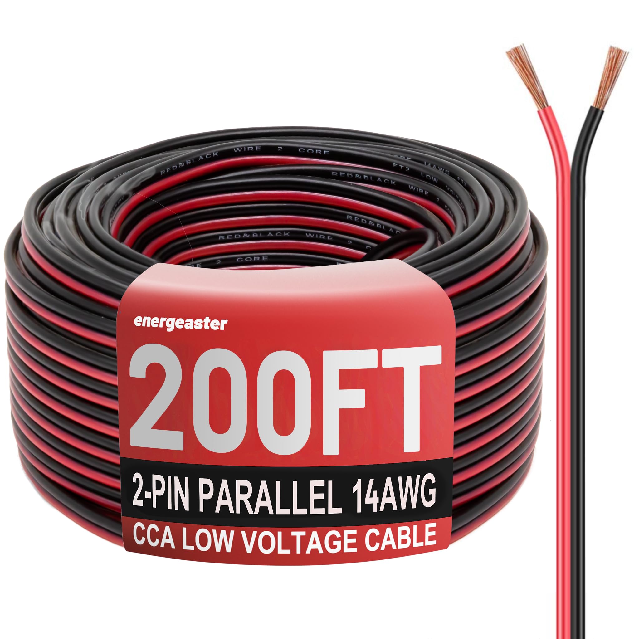 Energeaster Cable eléctrico de 2 conductores, rojo y negro, tiras de iluminación LED, cable flexible de extensión para exteriores, cable de extensión de calibre 14, alambre de aluminio recubierto de