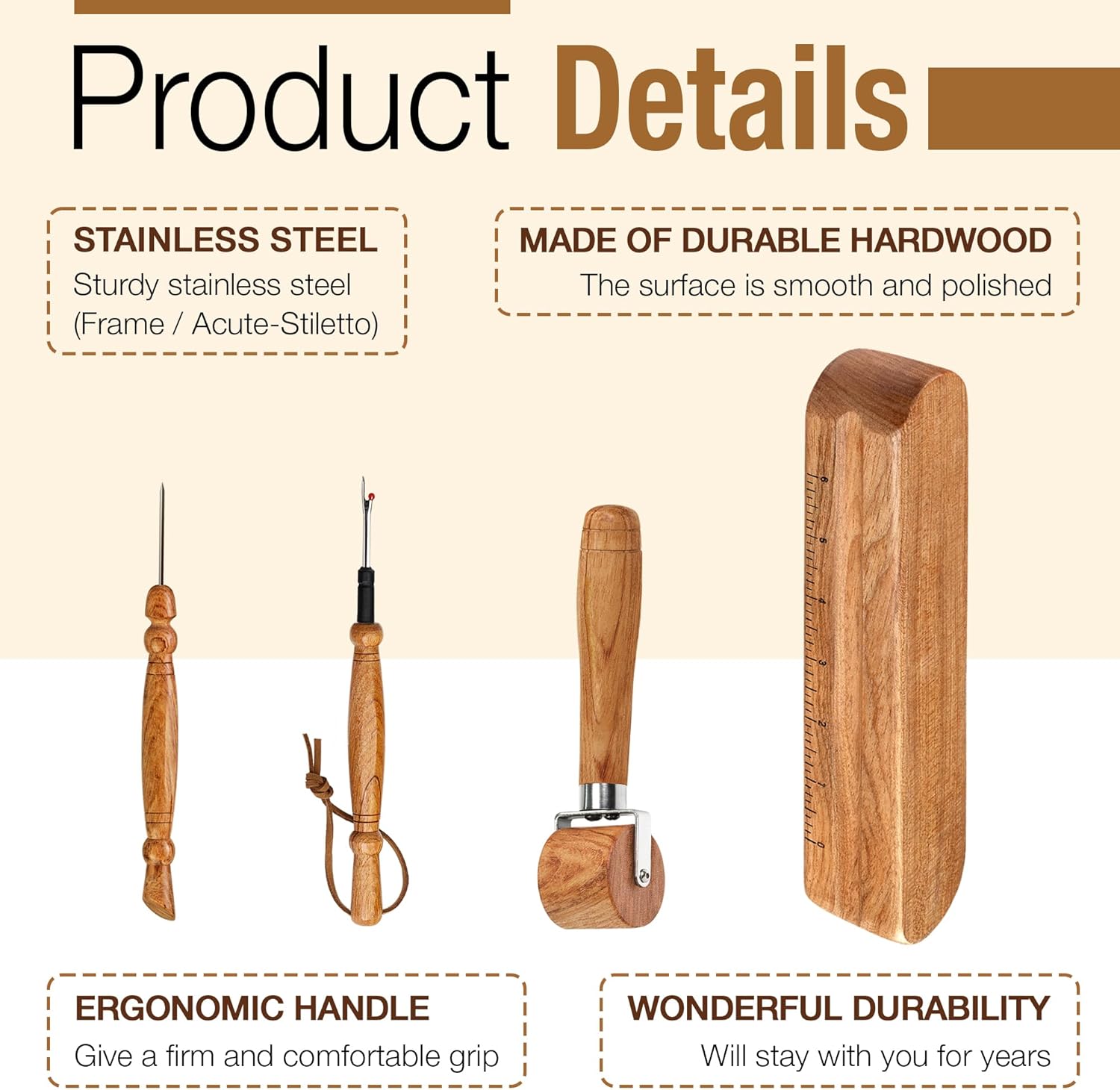 Savina Set 4 - Tailor Clapper/Seam Roller/Stiletto/Seam Rippers for Sewing - Wooden Sewing Quilting Tools