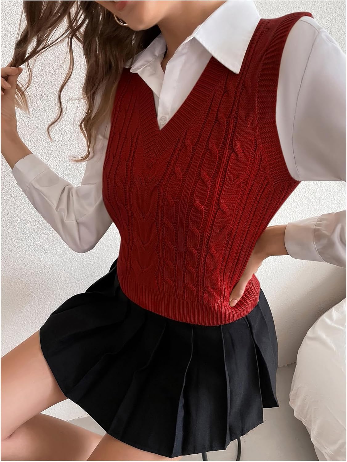 SweatyRocks Women's Sweater Vest V Neck Slim Fit Sleeveless Cable Knit Tops - Image 5