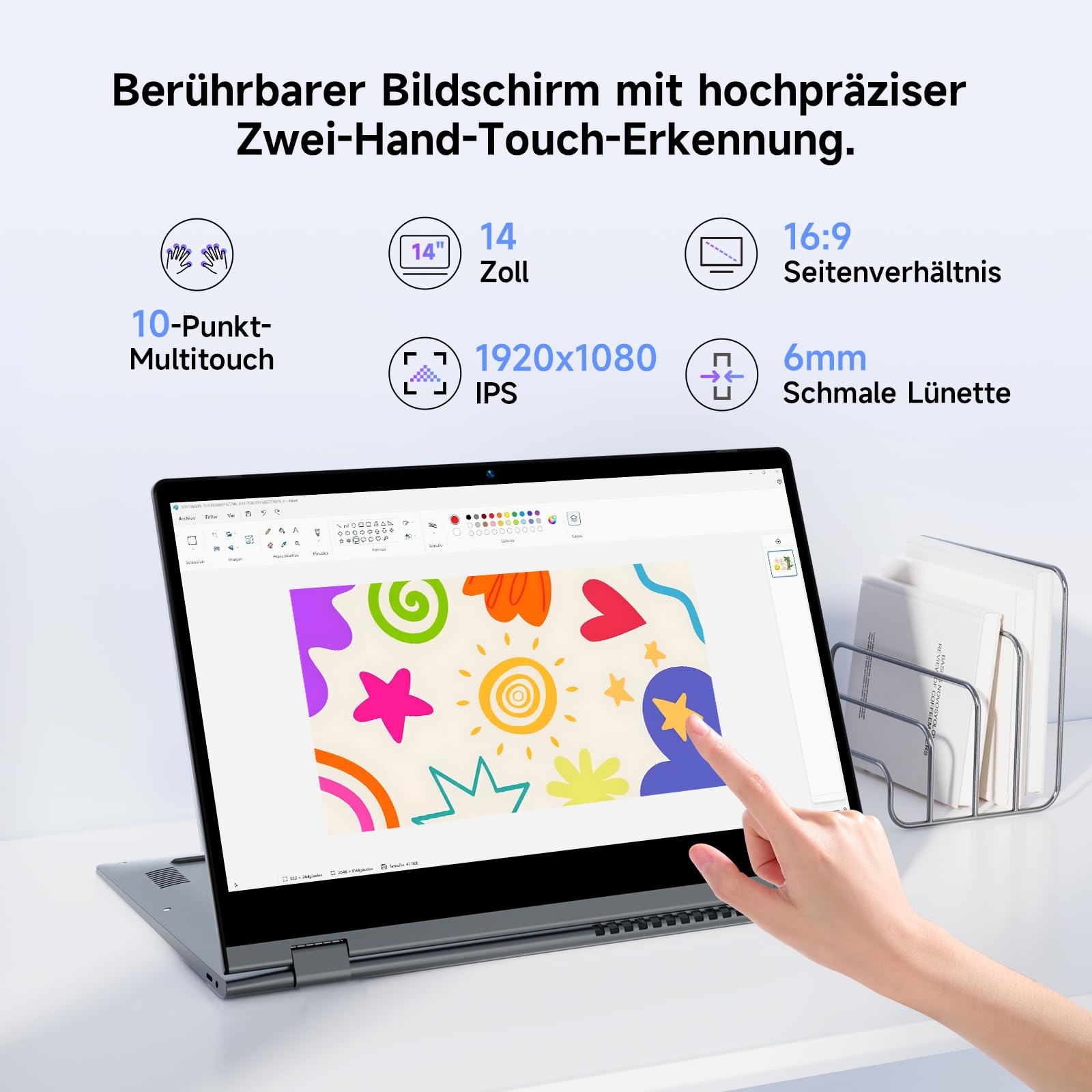 BMAX 2-in-1 Laptop Touchscreen Notebook Intel N150 up to 3.6GHz 16GB RAM 512GB SSD 14 inch Full HD Convertible Computer Beleuchtete Tastatur USB-C/3.2, Bluetooth, WiFi Deutsche Tastaturschutzfolie