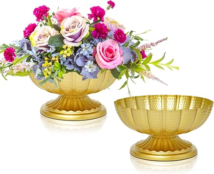 Gold Metal Urn Vases Set - 3.7 Inch Small Pedestal Flower Pot for Wedding Centerpieces, Table Decor, Floral Arrangements, Anniversary Party, Home Decoration 2, Gold-3.7"7.3"