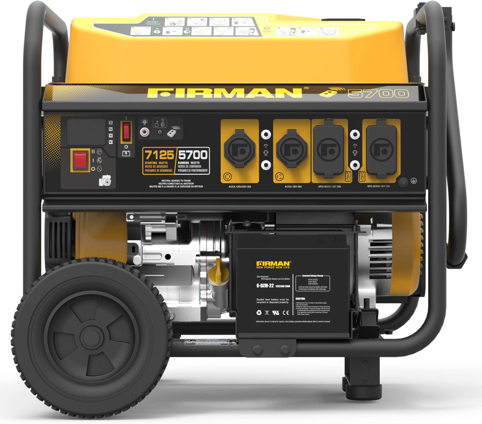 Firman P05702 7100/5700 Watt 120/240V Remote Start Gas Portable Generator, Black