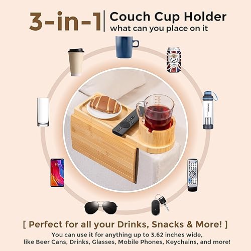 Miniatura 7 de Bandeja para portavasos de sofá para reposabrazos de más de 4.9 pulgadas de ancho, bandeja de brazo de sofá de bambú con soporte giratorio de 360,