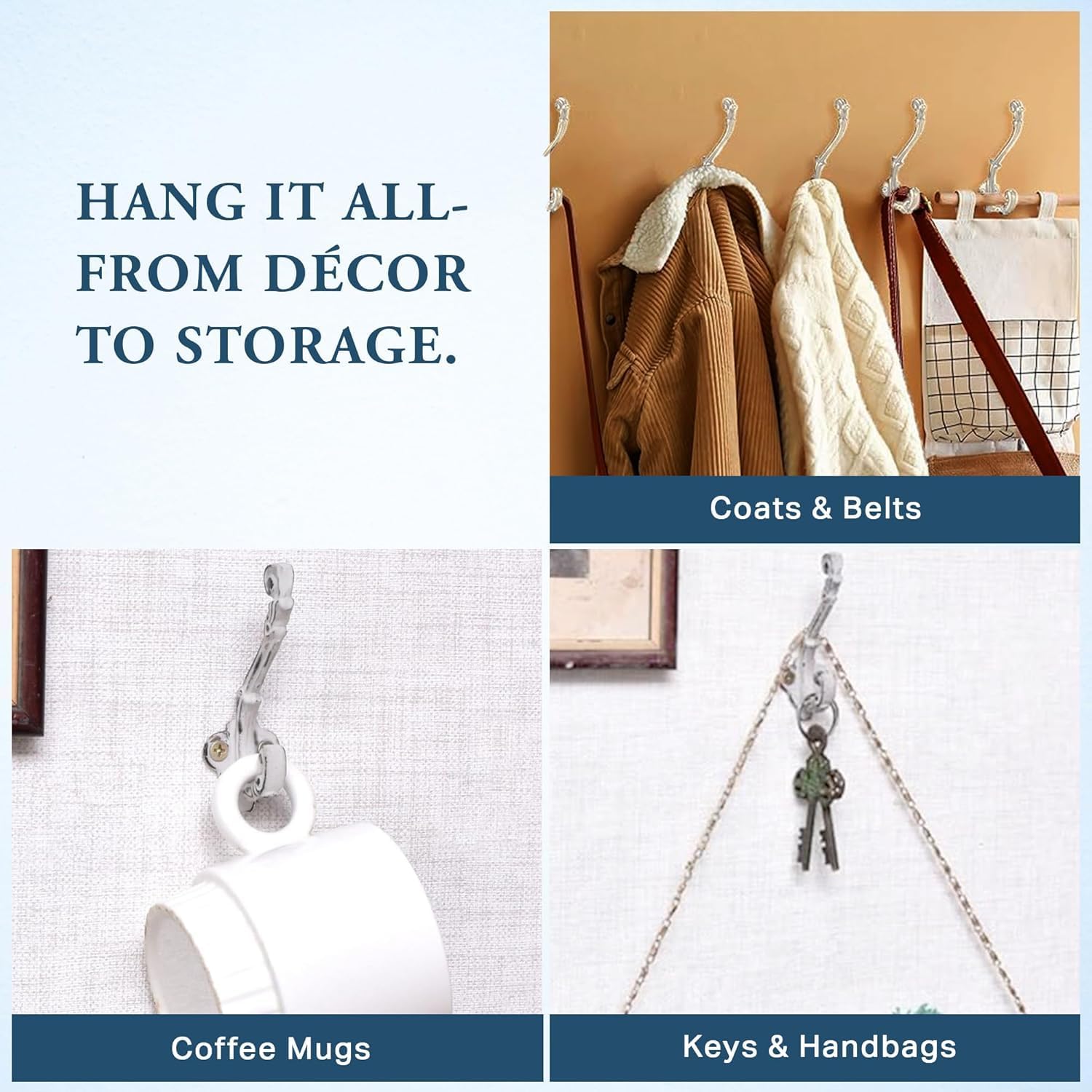 The Metal Magician Wall Mounted Antique Cast Iron Vintage Style Wall Hooks for Coats, Bags, Towels, Hats - (Set of 6) Distressed White