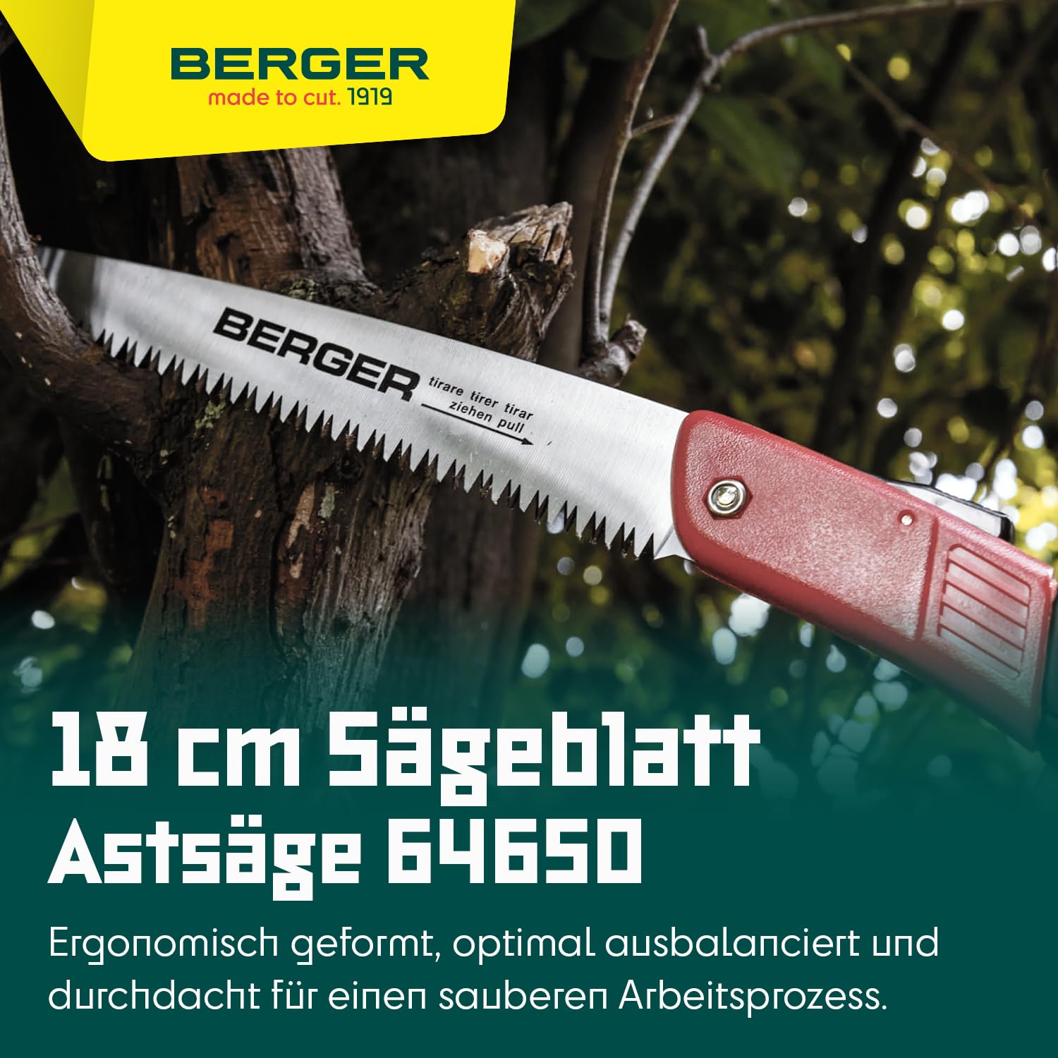 BERGER Klappsäge 64650 | 180 mm Handsäge Holz | Kleine Astsäge klappbar | Holzsäge mit grober Zahnung, Hochleistungssägeblatt & Sicherungsverriegelung | Baumsäge für Garten & Forst